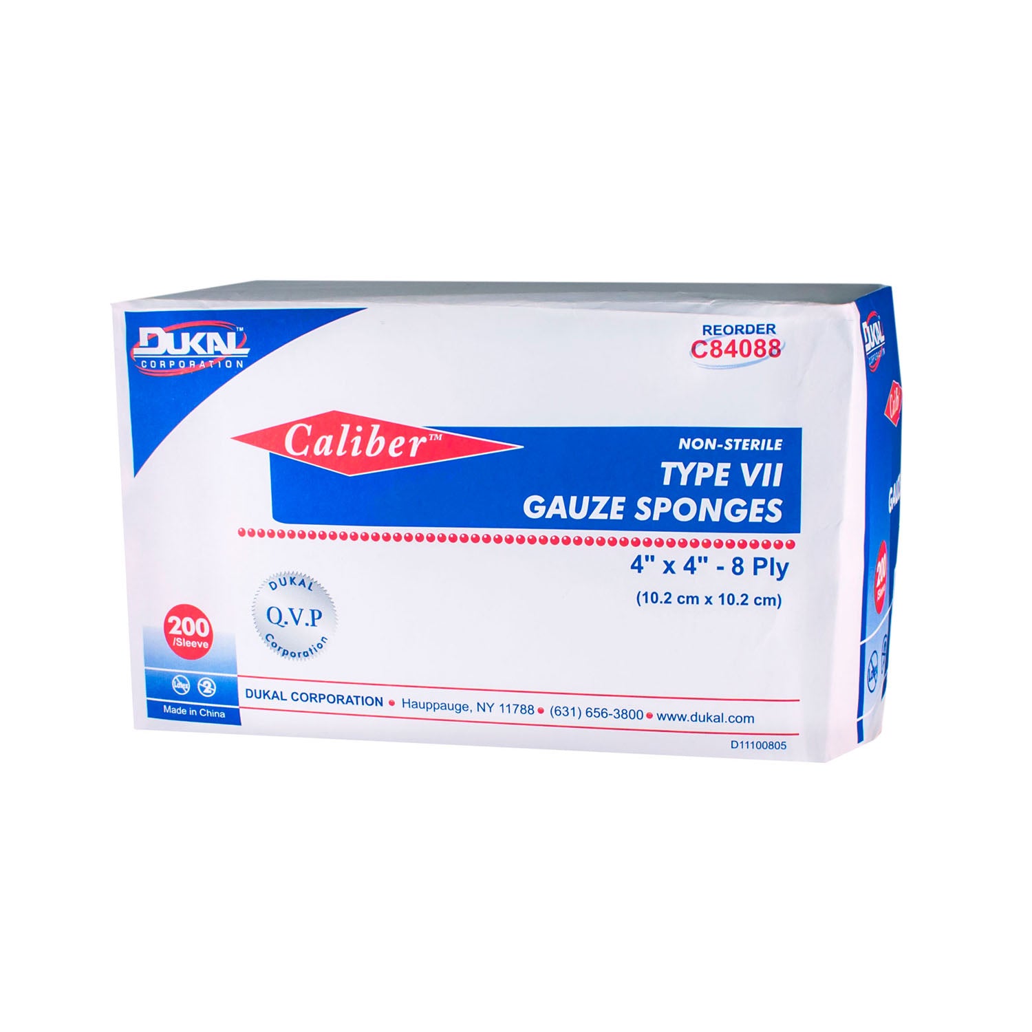 DUKAL CALIBER™ GAUZE SPONGES "Gauze Sponge, Type VII, Non-Sterile, 4\" x 4\", 8-Ply, 200/bg, 20 bg/cs (36 cs/plt)"