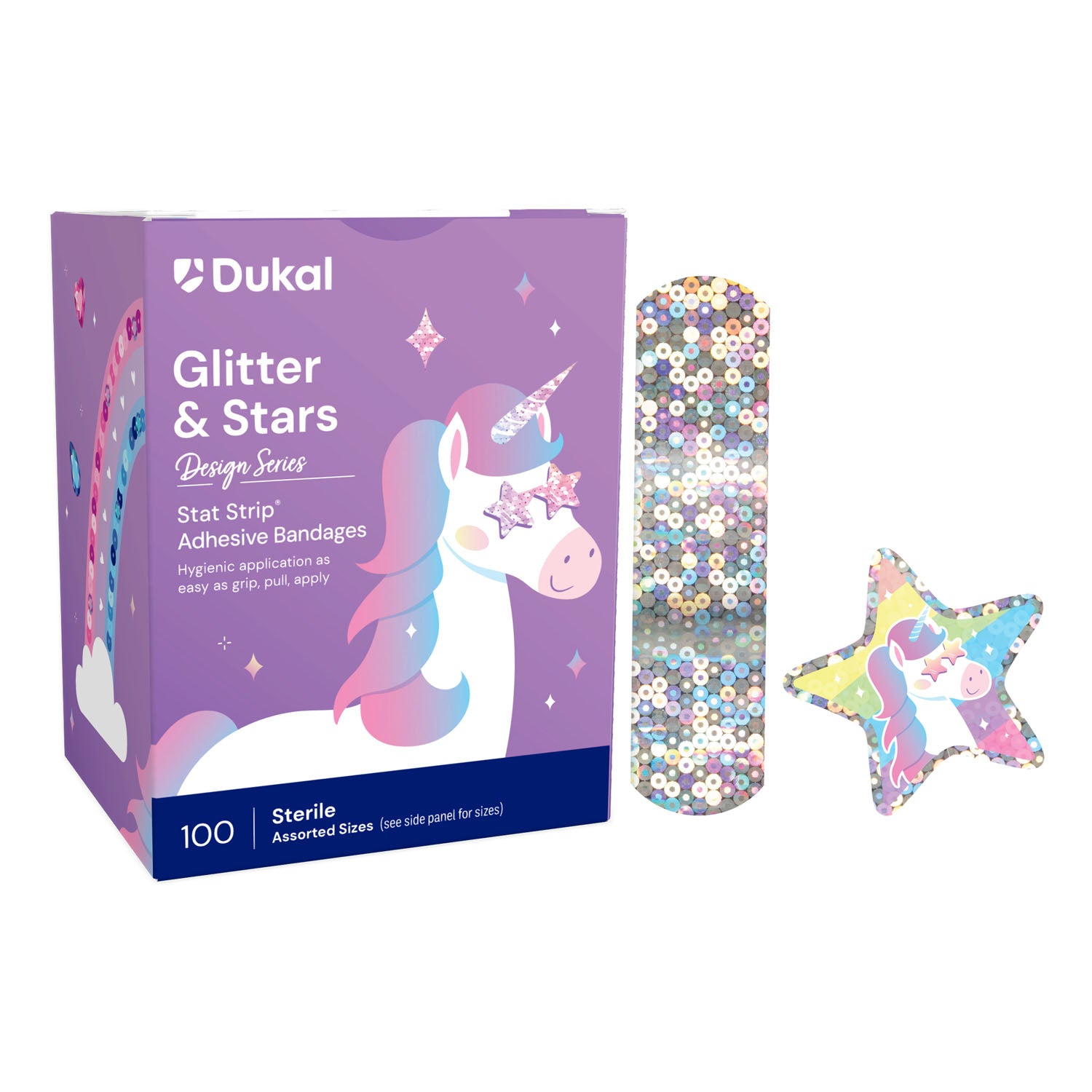 DUKAL CHILDREN‘S CHARACTER ADHESIVE BANDAGES Stat Strip® Adhesive Bandage, Glitter® & Stars, 3/4" x 3", 100/bx, 12 bx/cs
