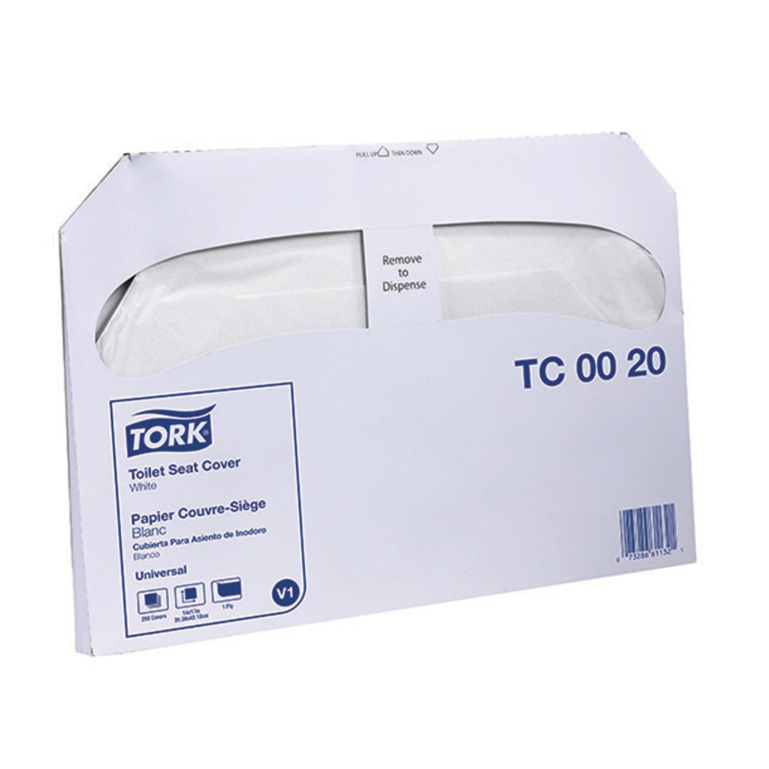 ESSITY TORK SEAT COVER & DISPENSERS "Toilet Seat Cover, 1/2 Fold, Universal, White, 1-Ply, V1, 14.5\" x 9.5\", 250/pk, 20 pk/cs (40 cs/plt)"