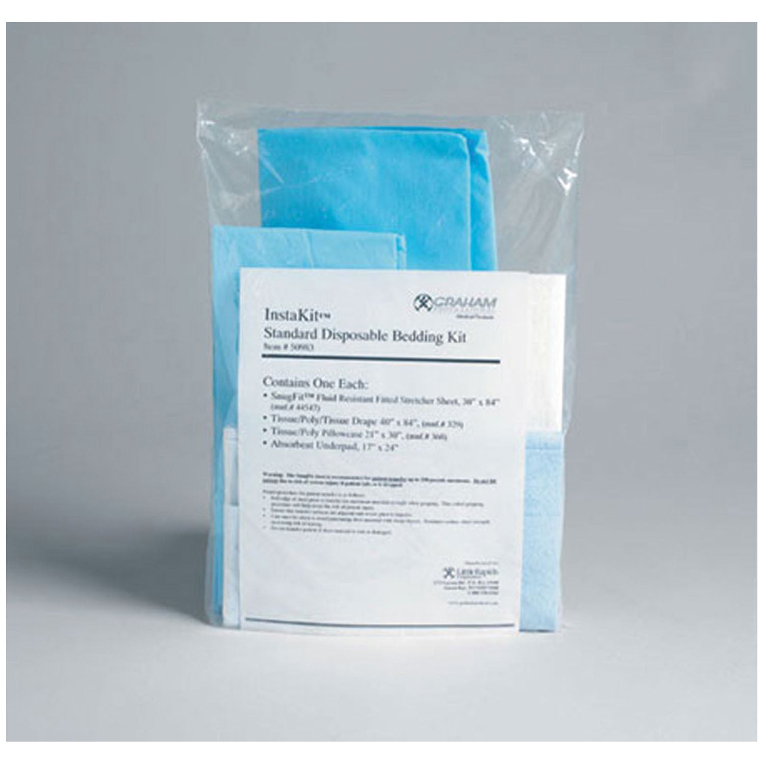 GRAHAM MEDICAL INSTAKITS® "InstaKit® Standard Kit Includes: 44547 SnugFit EMS Fitted Stretcher Sheet 30\" x 84\", 329 Drape Sheet Tissue/ Poly/ Tissue 40\" x 84\", 360 Pillowcase Tissue/ Poly 21\" x 31\" & 50984 Absorbent Underpad, 25/cs (25 cs/plt)"