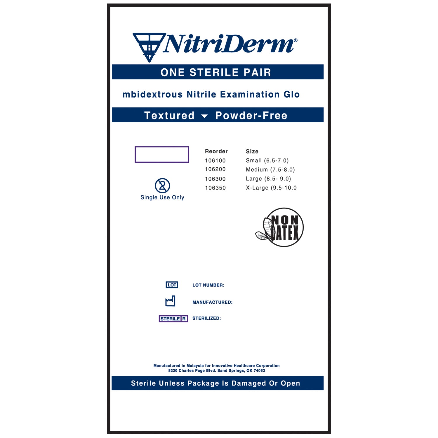 INNOVATIVE NITRIDERM® STERILE POWDER-FREE NITRILE EXAM GLOVES "Gloves, Exam, Medium, Nitrile, Sterile, PF, Pairs, 9\" Cuff, 50 pr/bx, 4 bx/cs (96 cs/plt)"