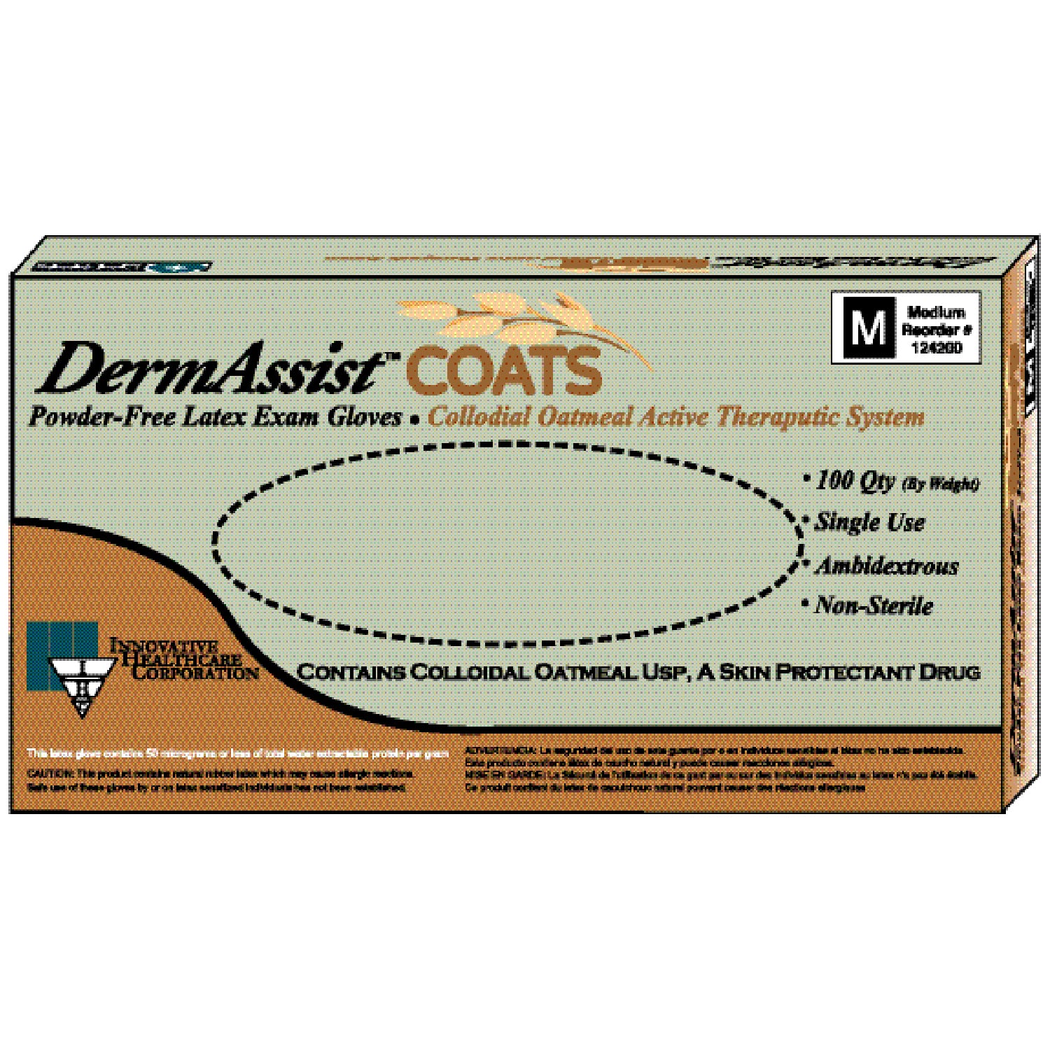INNOVATIVE DERMASSIST® COATS™ POWDER-FREE LATEX EXAM Gloves, Medium, Exam, Latex, Non-Sterile, PF, Colloidal Oatmeal, Therapeutic, 100/bx, 10 bx/cs