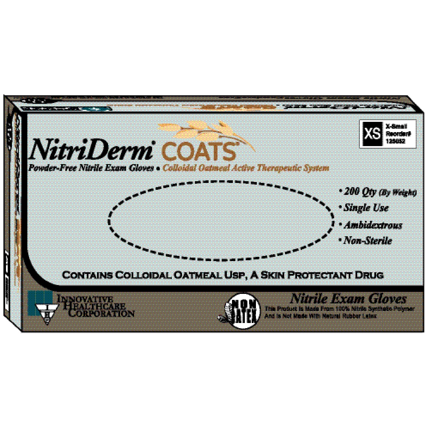 INNOVATIVE NITRIDERM® COATS™ POWDER-FREE NITRILE EXAM Gloves, X-Small, Exam, Nitrile, Non-Sterile, PF, Colloidal Oatmeal, Therapeutic, 200/bx, 10 bx/cs