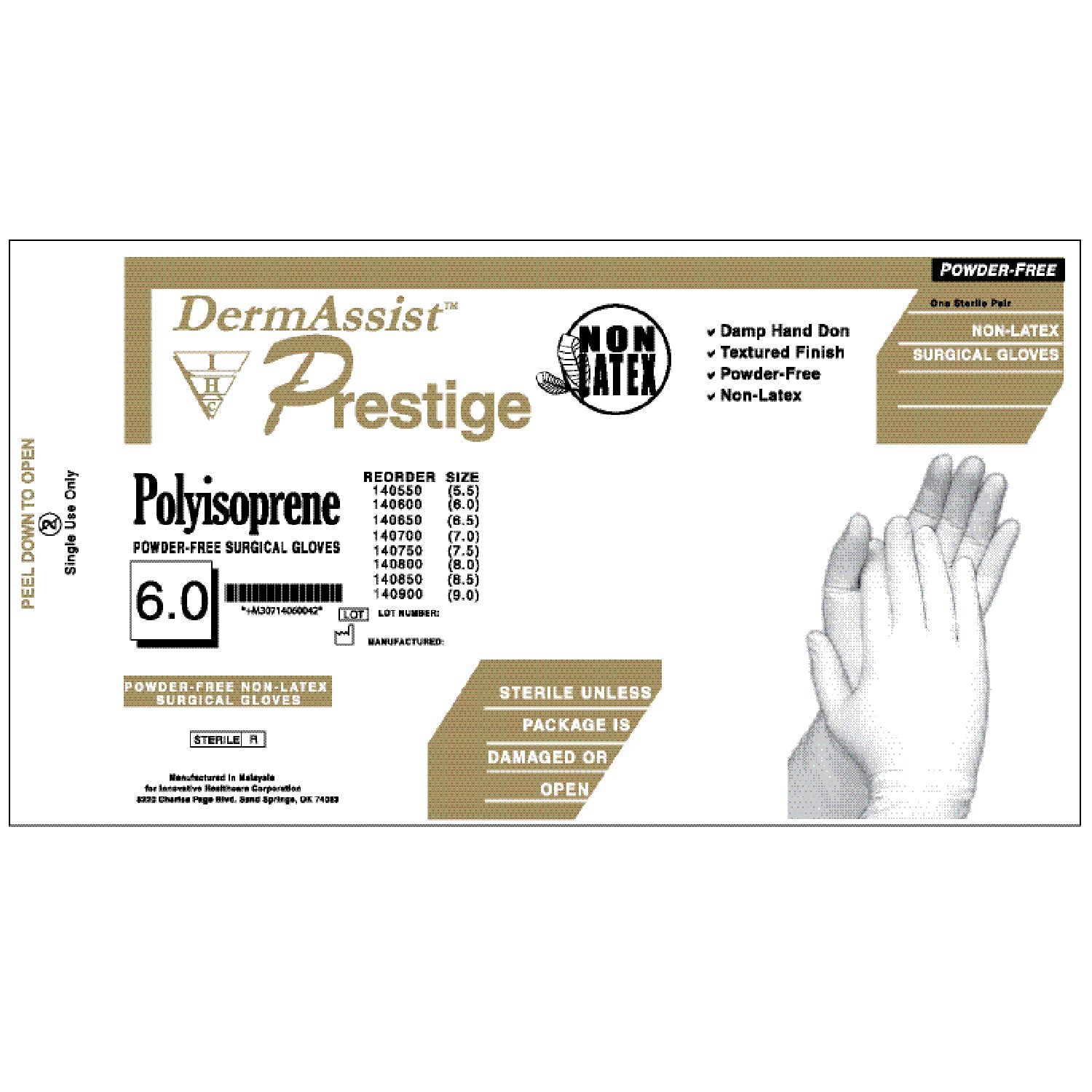 INNOVATIVE PRESTIGE® DHD POWDER-FREE LATEX SURGICAL Gloves, Surgical, Powder Free (PF), Size 7, Latex, Sterile, Bisque Finish, Damp Hand Don, 50 pr/bx, 4 bx/cs