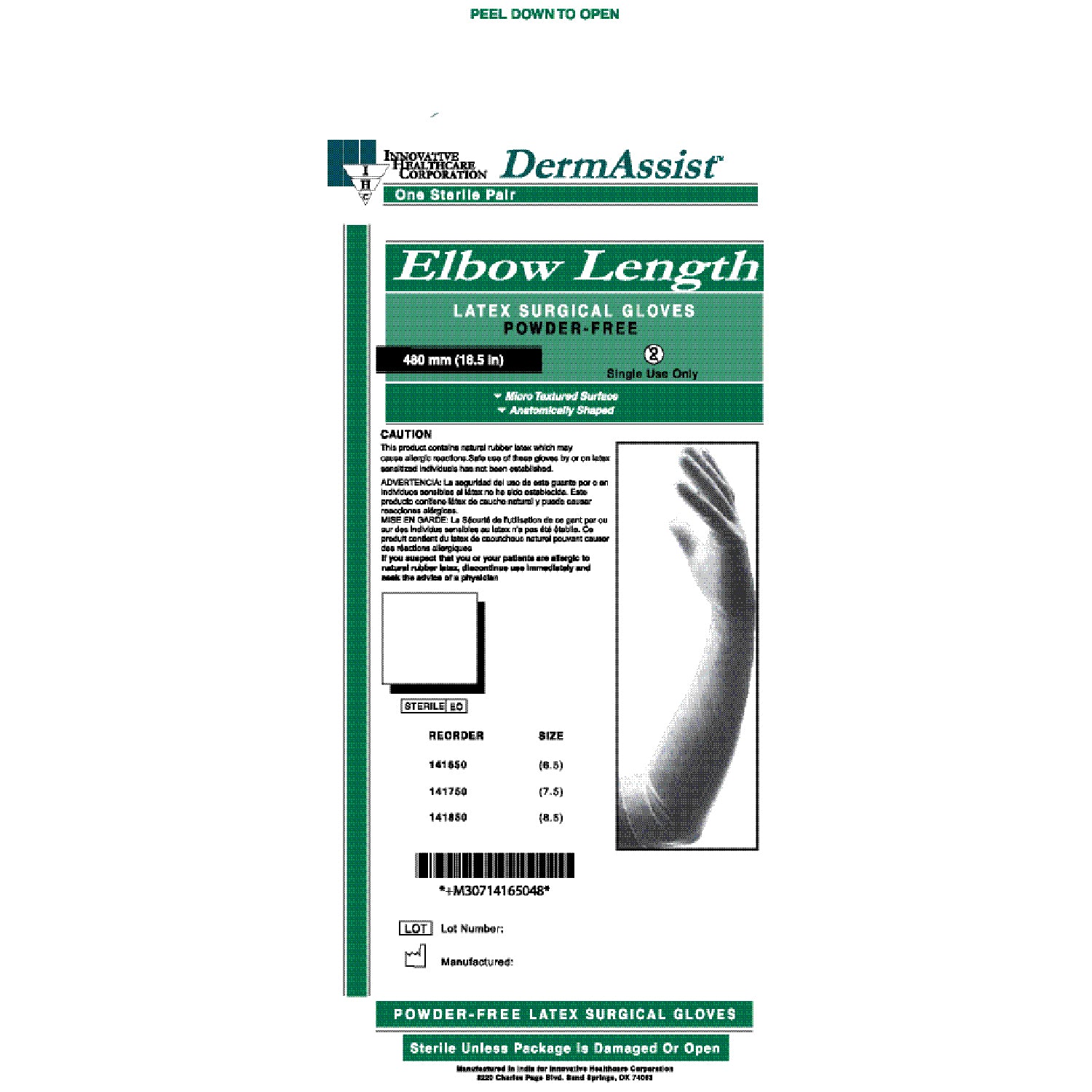 INNOVATIVE DERMASSIST® ELBOW LENGTH POWDER-FREE LATEX SURGICAL GLOVES "Gloves, Surgical, Powder Free (PF), Size 81/2, Latex, Sterile, Textured, Elbow Length (181/2\"), 25 pr/bx, 4 bx/cs"