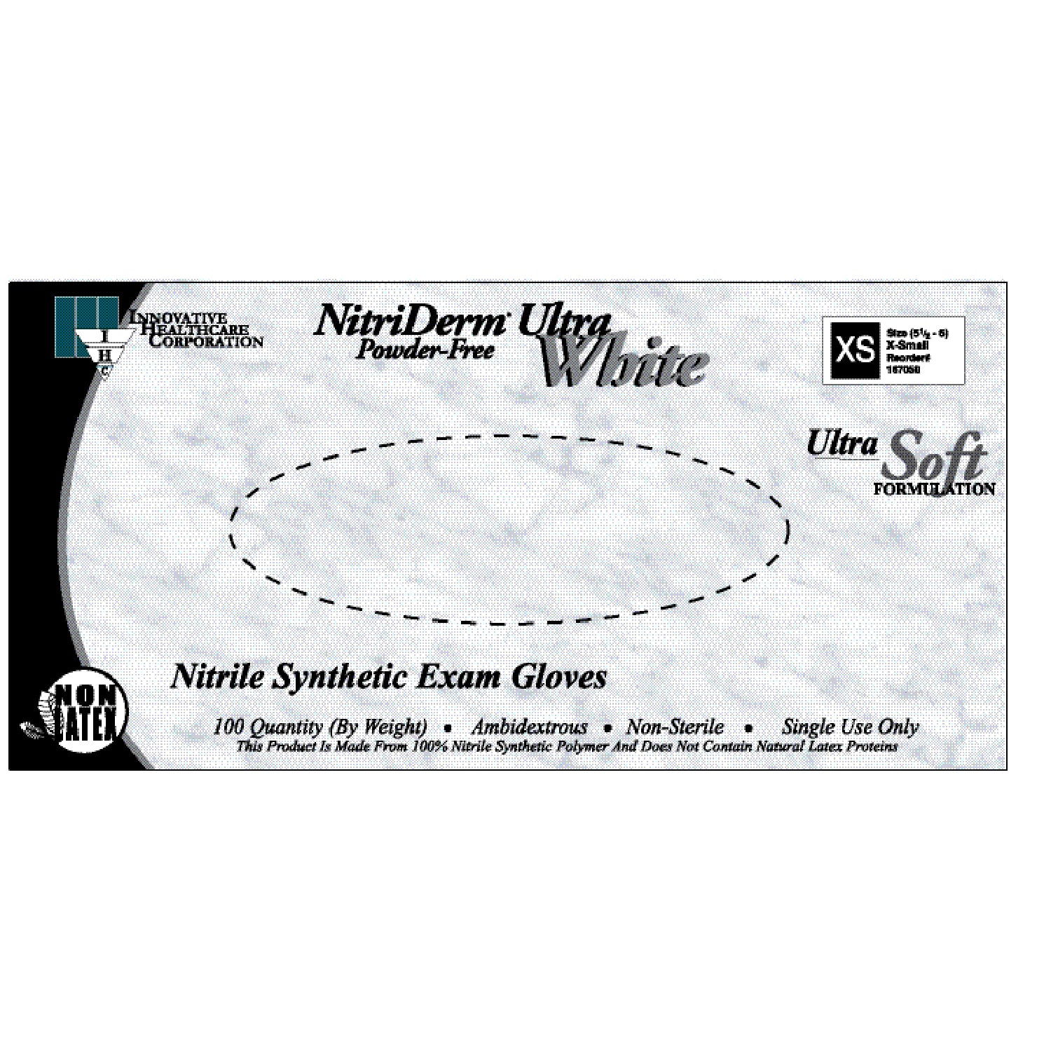 INNOVATIVE NITRIDERM® ULTRA WHITE NITRILE SYNTHETIC POWDER-FREE EXAM Gloves, Exam, Small, Nitrile, Non-Sterile, PF, Textured, ThinFilm, White, 100/bx, 10bx/cs (80 cs/plt)
