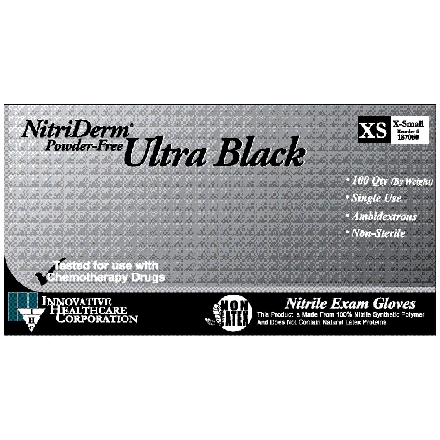 INNOVATIVE NITRIDERM® ULTRA BLACK POWDER-FREE NITRILE SYNTHETIC Gloves, Exam, X-Large, Nitrile, Chemo & Fentanyl Tested, Non-Sterile, PF, Textured, Black, 100/bx, 10 bx/cs (96 cs/plt)