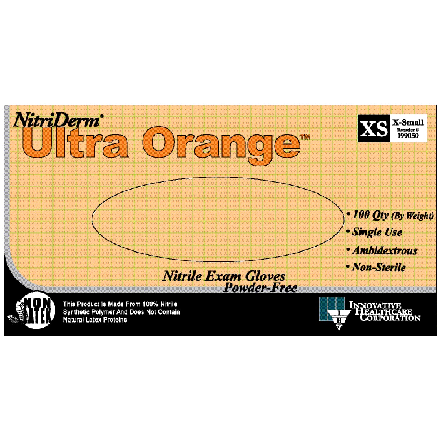 INNOVATIVE NITRIDERM® ULTRA ORANGE® POWDER-FREE EXAM GLOVES Gloves, Exam, X-Small, Nitrile, Non-Sterile, PF, Textured, Orange Color, 100/bx, 10 bx/cs
