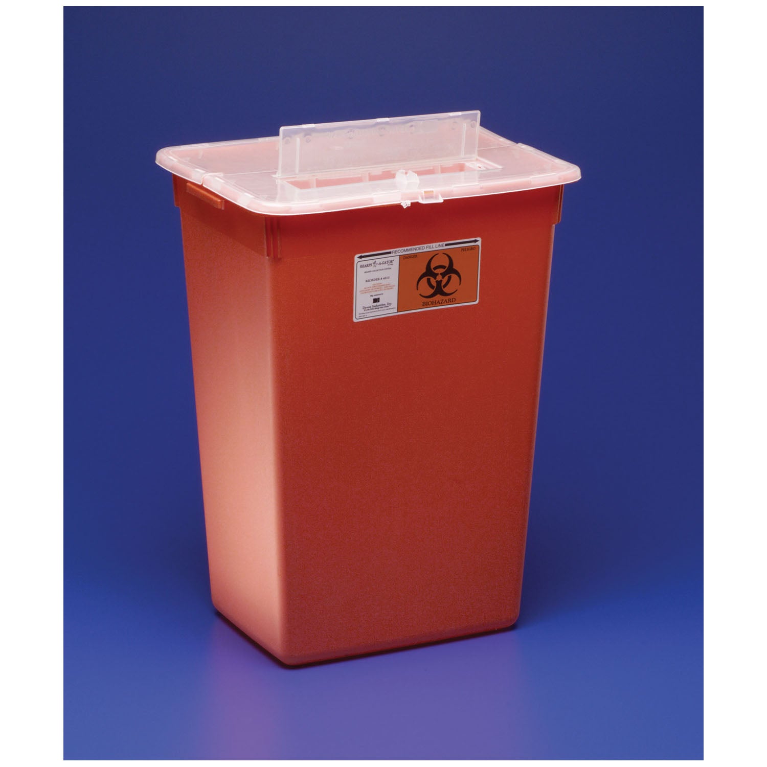 CARDINAL HEALTH LARGE VOLUME SHARPS CONTAINERS "Container, 10 Gal, Red, Split Lid, Sharps Port, Large Volume, 151/2\"H x 12\"D x 211/2\"W, 6/cs "