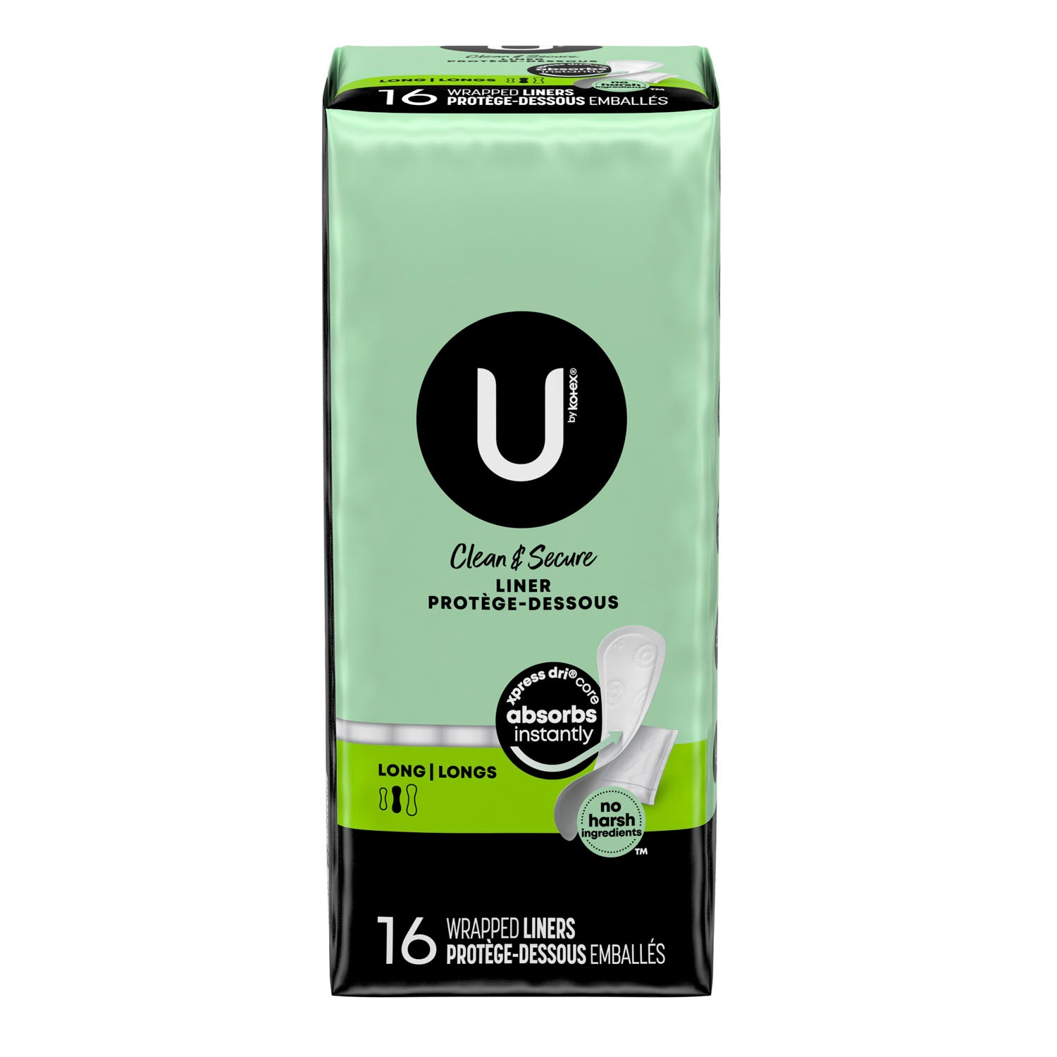 KIMBERLY-CLARK FEMININE CARE PRODUCTS U by Kotex® Pantiliners, Premium, Fresh & Dry, Long, 16/pk, 12 pk/cs