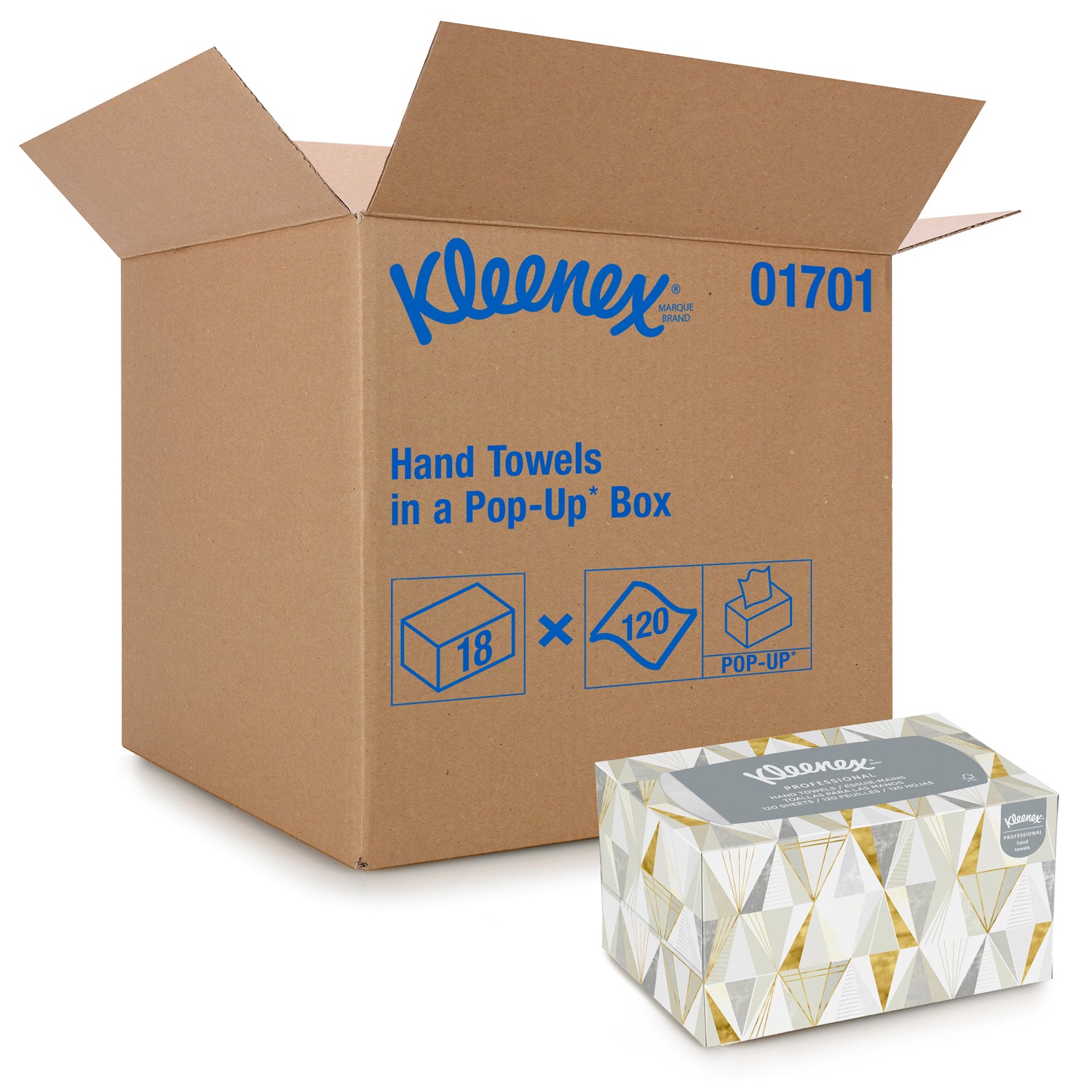 KIMBERLY-CLARK KLEENEX® HAND TOWELS "Hand Towel, Pop-Up Box, White, 1-Ply, 9\" x 101/2\", 120 Sheet/bx, 18 bx/cs "