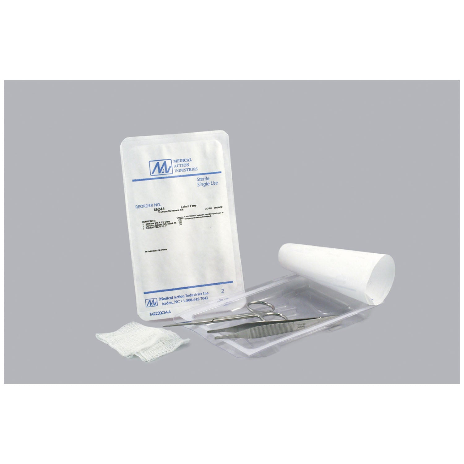 MEDICAL ACTION SUTURE REMOVAL KITS "Suture Removal Kit Includes: (1) Forceps (Adson SS 43/4\"), (1) Scissor (Iris SS 43/4\"), (2) 2\" x 2\" 8-Ply Gauze, 50kit/cs (20 cs Minimum Order)"