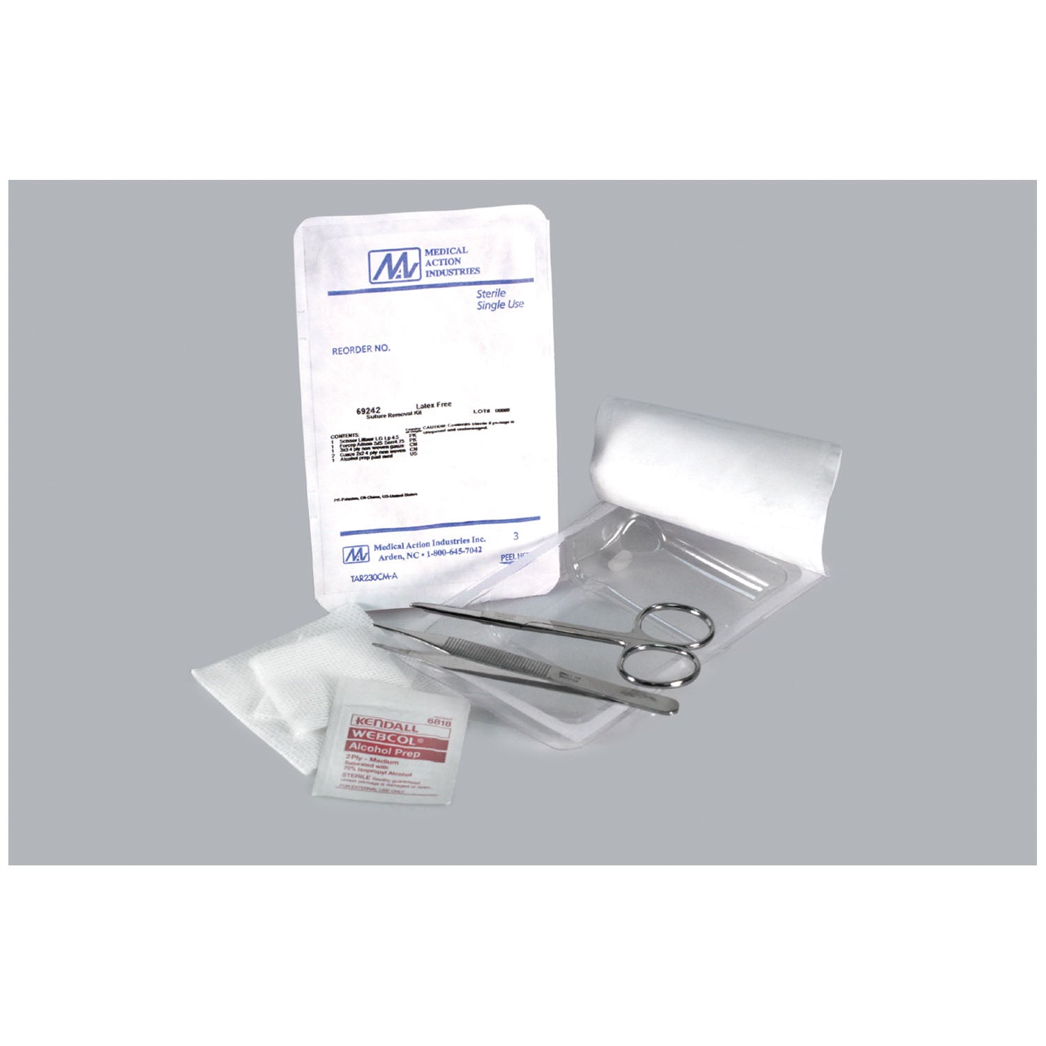MEDICAL ACTION SUTURE REMOVAL KITS Suture Removal Kit Includes: (1) Forceps (Adson SS 4¾"), (1) Scissor (Littauer SS 4½"), (1) 3" x 3" 4-Ply NW Gauze, (1) Alcohol Prep, 50 kit/cs