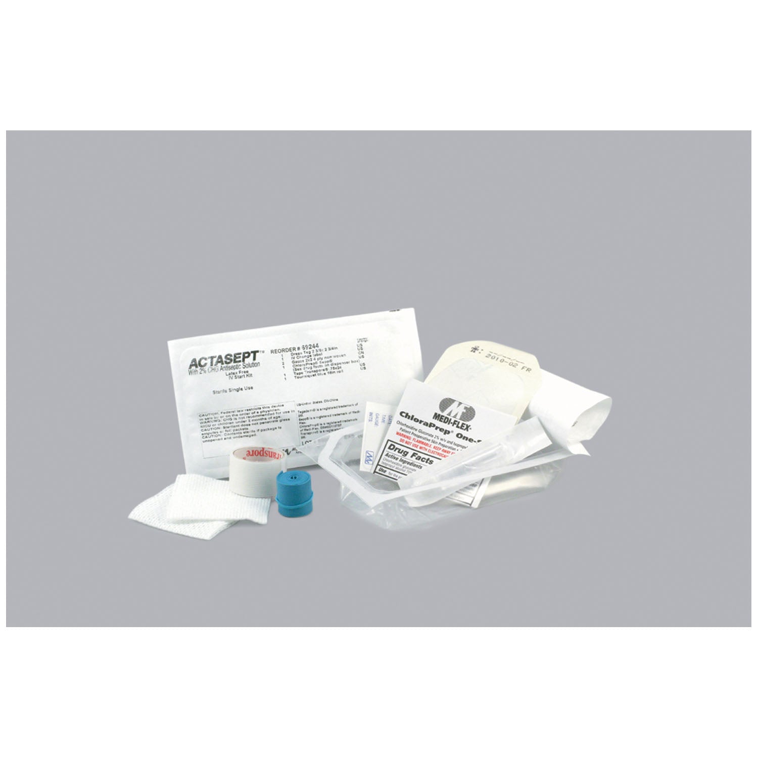 MEDICAL ACTION IV STARTER KIT IV Kit Includes: (1) Halyard Transparent Dressing, (2) 2" x 2" 4-Ply NW Gauze, (1) Chloraprep Sepp, (1) Transport Tape Roll 24", (1) Tourniquet, (1) Change Label, 100kt/cs