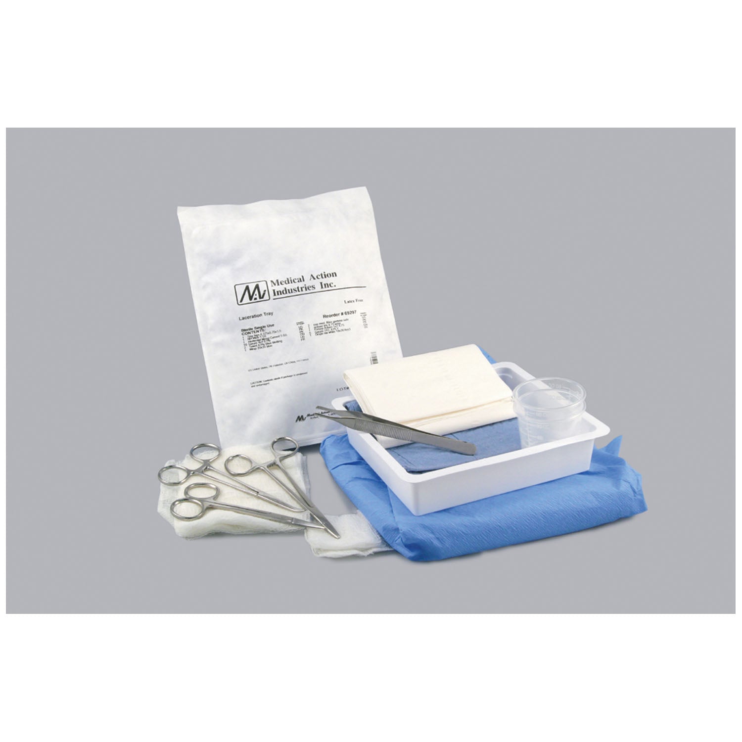 MEDICAL ACTION LACERATION TRAY "Gauze, (5) 2\"x2\" Gauze, (1) Needle Holder, Webster 5\", (1) Forceps, Adson 1x2 Teeth 43/4\", (1) Hemostat, Mosquito, Curved 5\", (1) Scissors (Iris), (2) Med Cup 60cc, 20tr/cs "