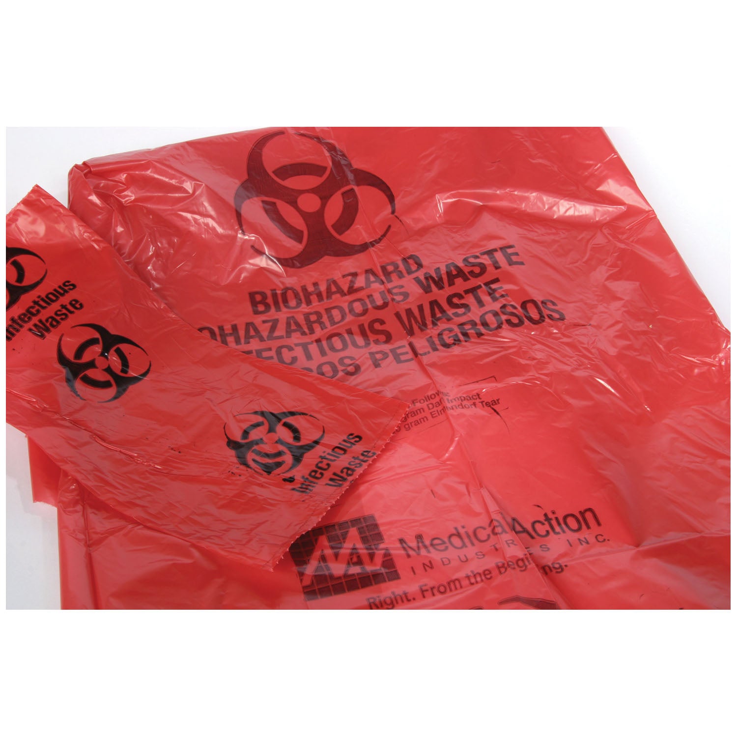 MEDEGEN INFECTIOUS WASTE BAGS "Waste Bag, 23\" x 23\" Red, F-Code Series: Pass the ASTMD1922-67, 480 Gram Elmendorf Test, 1.2 mil, 7-10 gal, 500/cs (64 cs/plt)"
