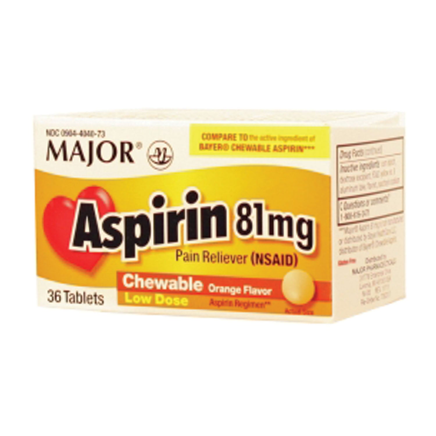 MAJOR TABLETS Aspirin, 81mg, 36s, Chewable Tablets, Compare to St. Joseph®, NDC# 00904-4040-73
