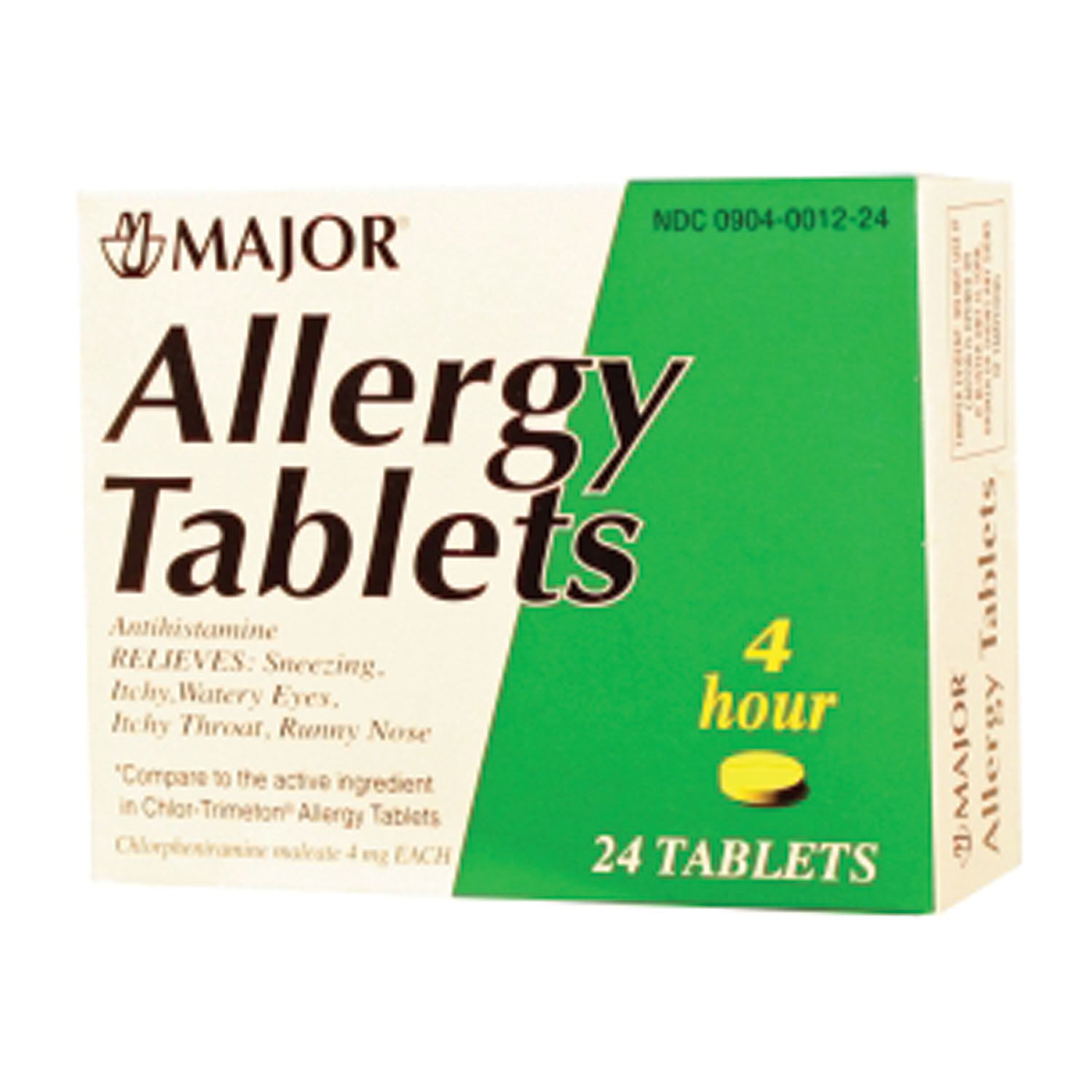 MAJOR Allergy Tablets, 4mg, 24s, Compare to Chlor-Trimeton® Tabs, NDC# 00904-0012-24