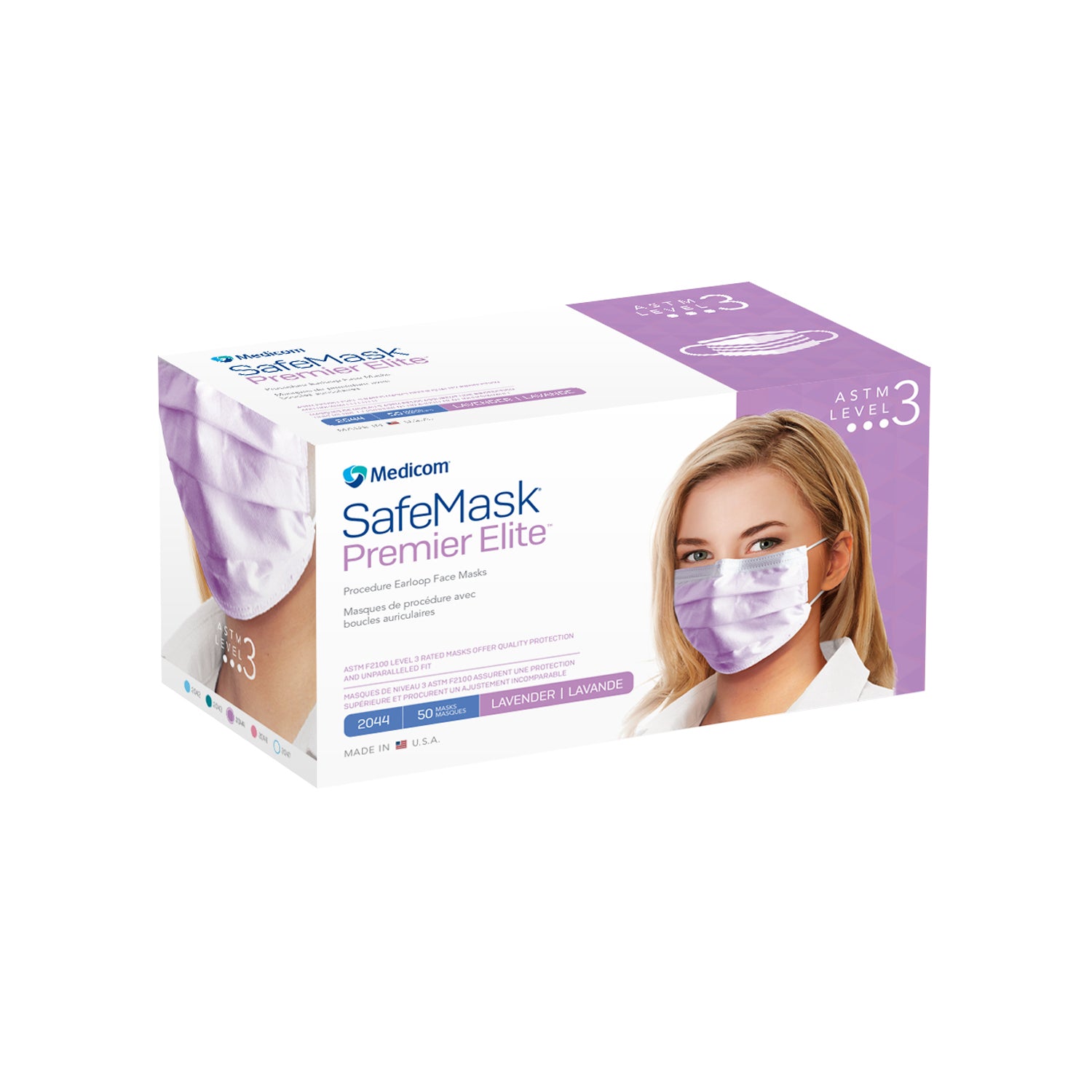 MEDICOM Safe+mask® PREMIER ELITE Earloop Mask, ASTM Level 3, Lavender, 50/bx, 10 bx/cs (Not Available for sale into Canada)