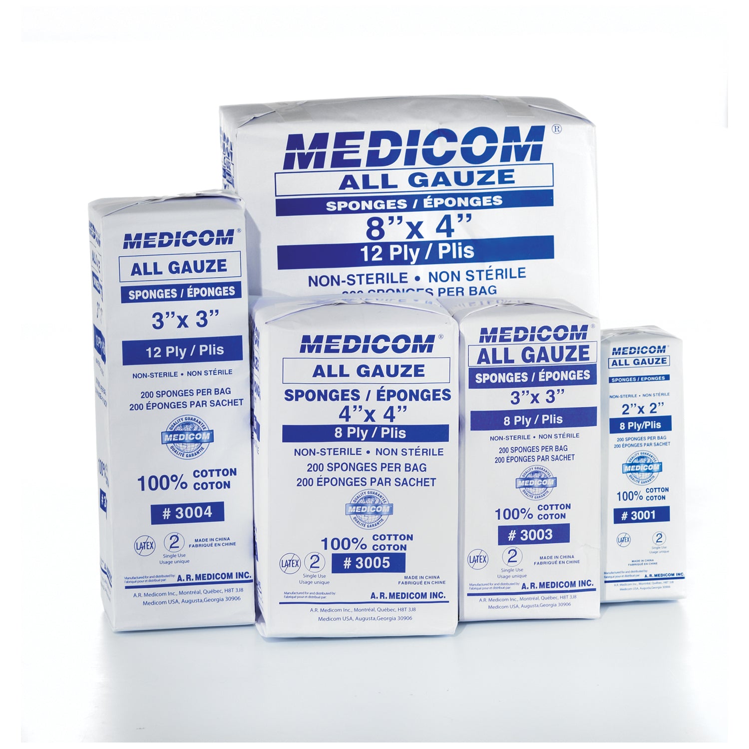 MEDICOM ALL GAUZE SPONGES - NON STERILE "Sponge, 4\" x 4\", 8-Ply, 200/sleeve, 20 sleeve/cs (Not Available for sale into Canada)"