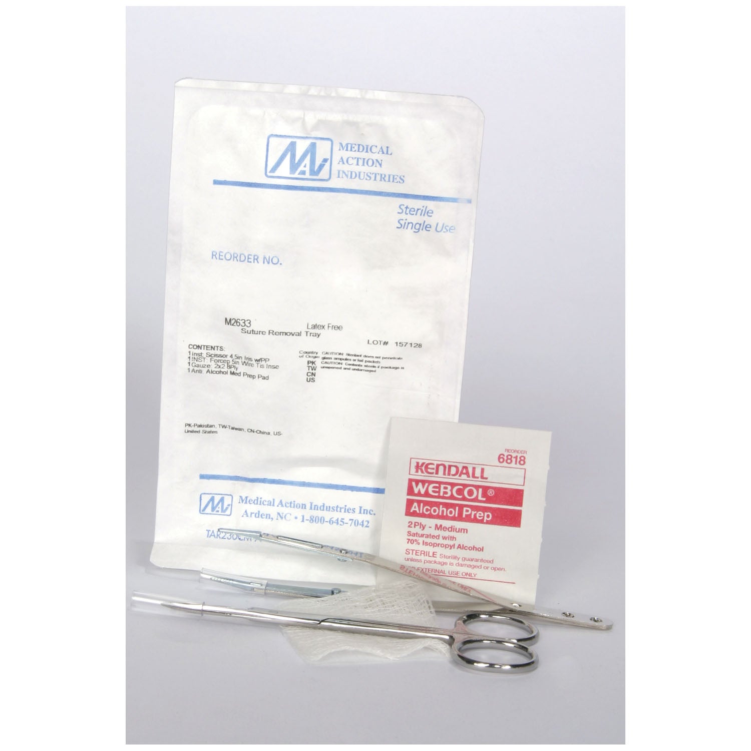 MEDICAL ACTION SUTURE REMOVAL KITS Suture Removal Kit Tray Includes: (1) SS Iris, (1) Metal Insert Forceps, (1) Alcohol Prep Pad, (1) 2" x 2" Gauze, Sterile, 50 Kit/cs