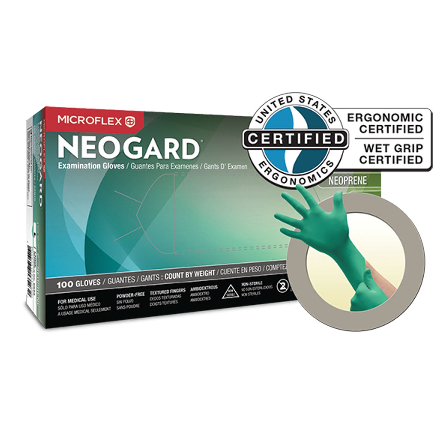 ANSELL MICROFLEX NEOGARD® POWDER-FREE MEDICAL-GRADE CHLOROPRENE Exam Gloves, Chloroprene, PF, Latex-Free, Textured Fingers, Green, Small, 100/bx, 10 bx/cs