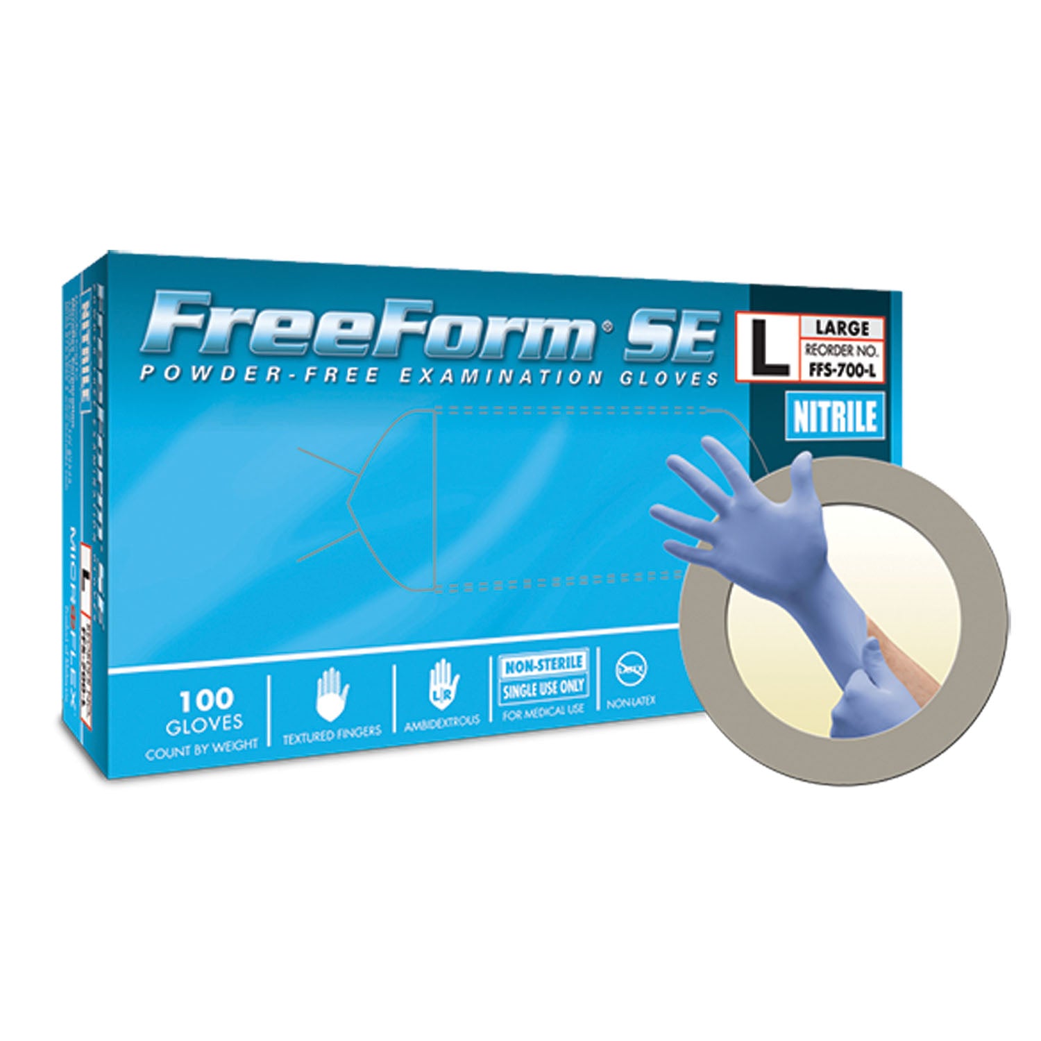 ANSELL MICROFLEX FREEFORM® SE POWDER-FREE NITRILE Exam Gloves, PF Nitrile, Textured Fingers, Blue, Medium, 100/bx, 10 bx/cs