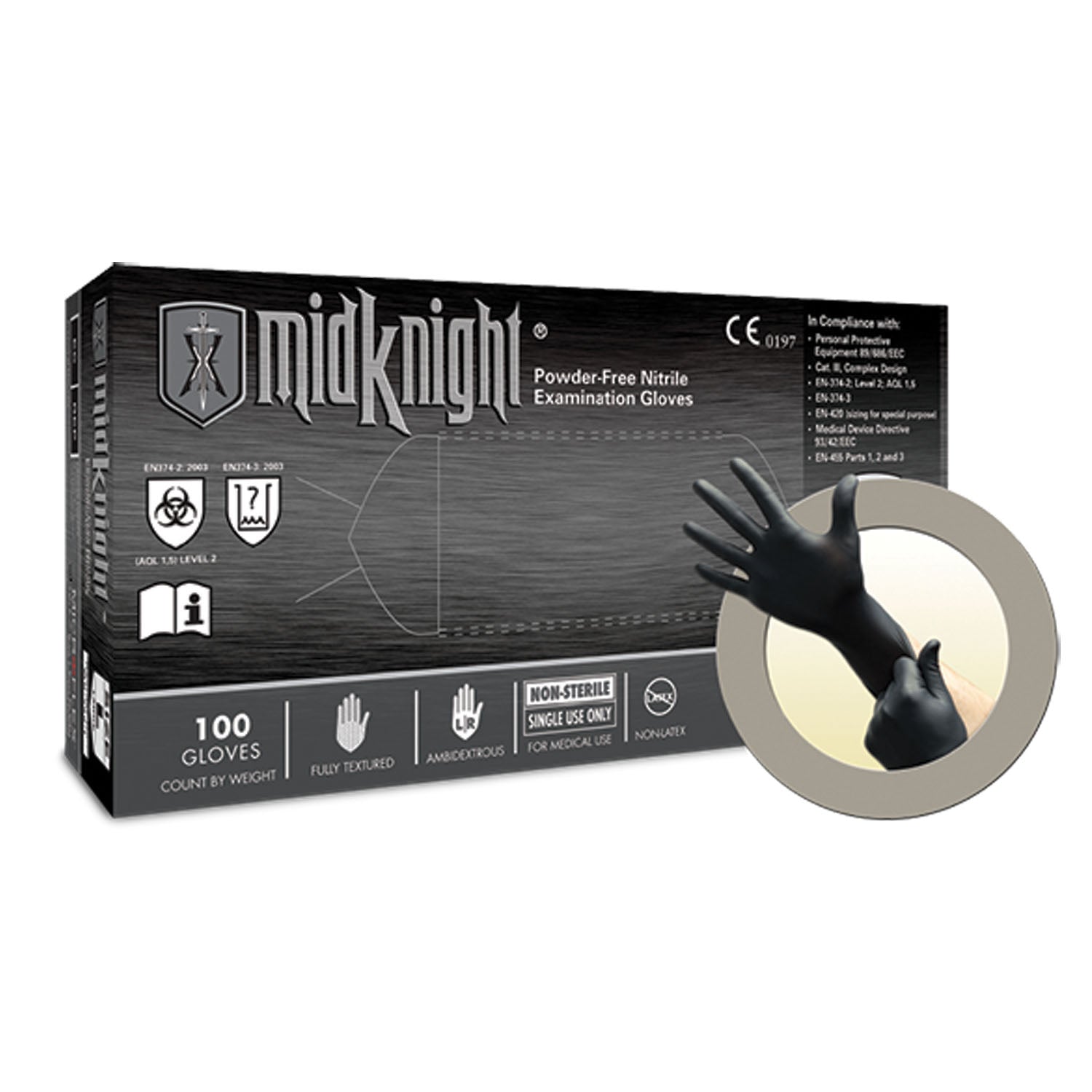 ANSELL MICROFLEX MIDKNIGHT® POWDER-FREE NITRILE Exam Gloves, PF Nitrile, Textured, Black, Medium, 100/bx, 10 bx/cs
