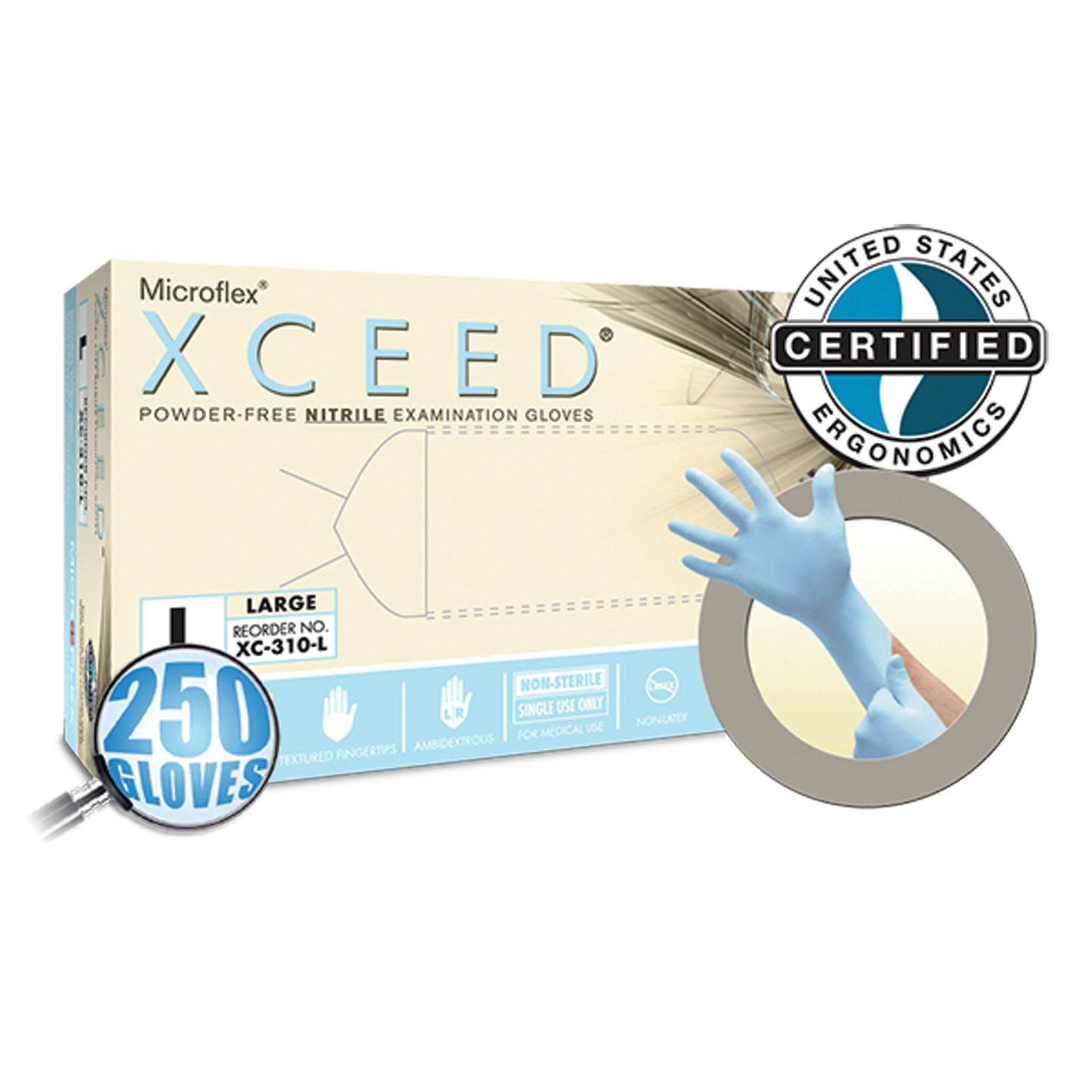 ANSELL MICROFLEX XCEED® POWDER-FREE NITRILE Exam Gloves, PF Nitrile, Textured Fingertips, Blue, X-Small, 250/bx, 10 bx/cs