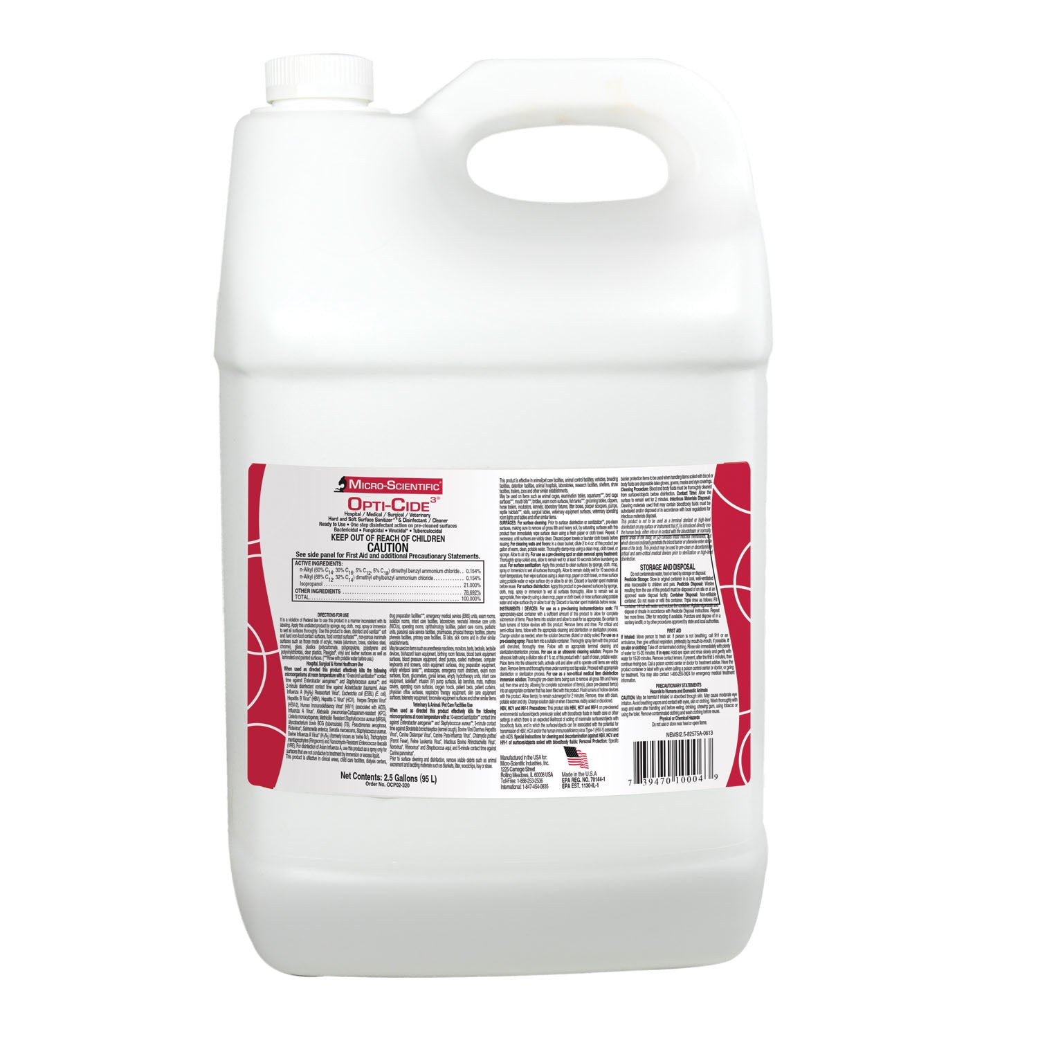 MICRO-SCIENTIFIC OPTI-CIDE3® DISINFECTANT Opti-Cide3 Disinfectant, 21/2 Gallon & Spigot, 2/cs (HAZMAT Fees Apply, cannot ship via Air or to AK, GU, HI, MP, PR, VI)