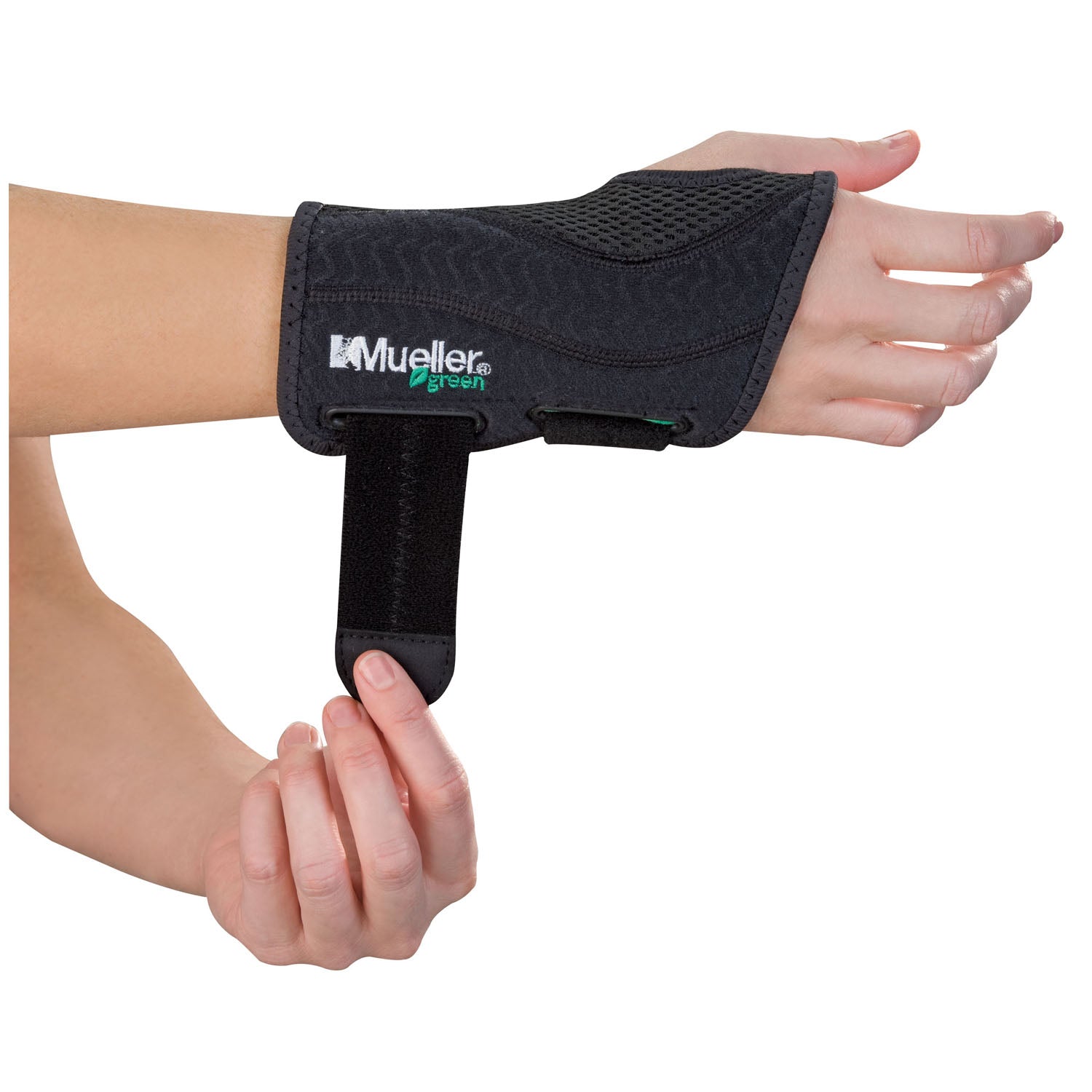 MUELLER® GREEN FITTED WRIST BRACE Black, Small/ Medium, Left