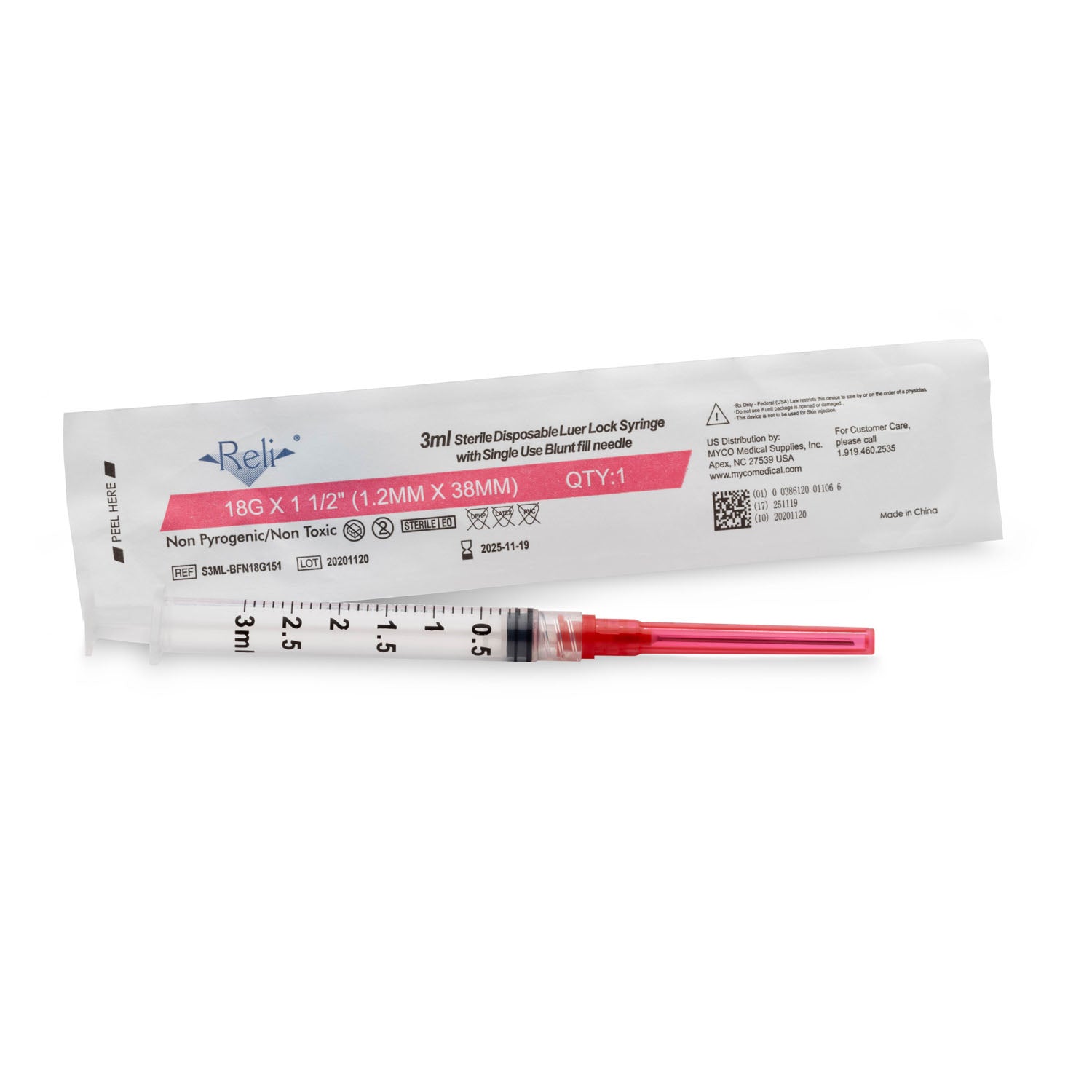 MYCO RELI® BLUNT FILL NEEDLES "Blunt Fill Needles, Sterile, Single-Use, PVC-Free, 18G x 1-1/2\", 100/bx "