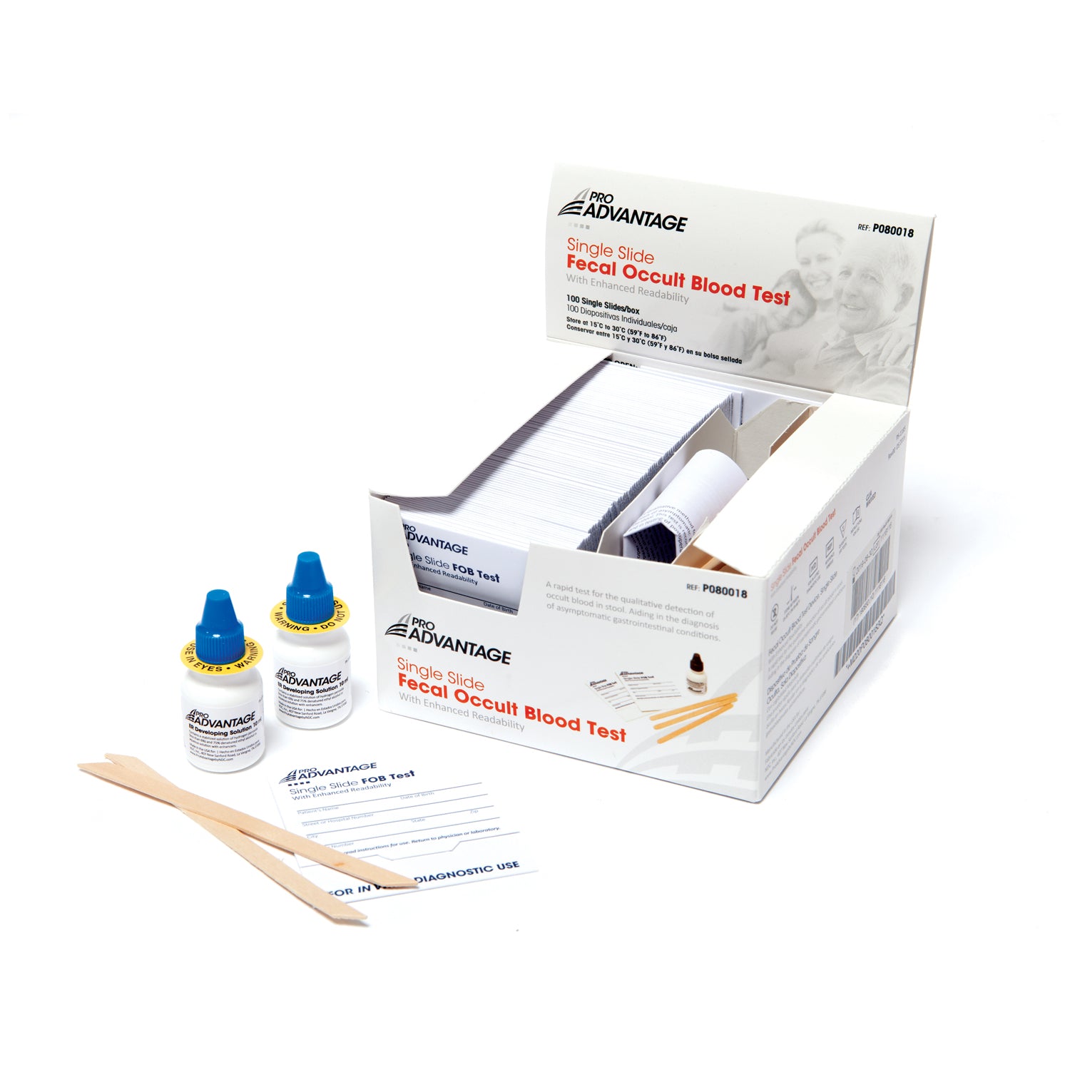PRO ADVANTAGE® FECAL OCCULT BLOOD TESTS Guaiac Fecal Occult Blood Test Lab Pack, Includes: (100) Single Slides Tests, (100) Applicators, 2 x 10mL Developers (With Enhanced Readability), 100/bx (Not Available for Sale Into Canada)