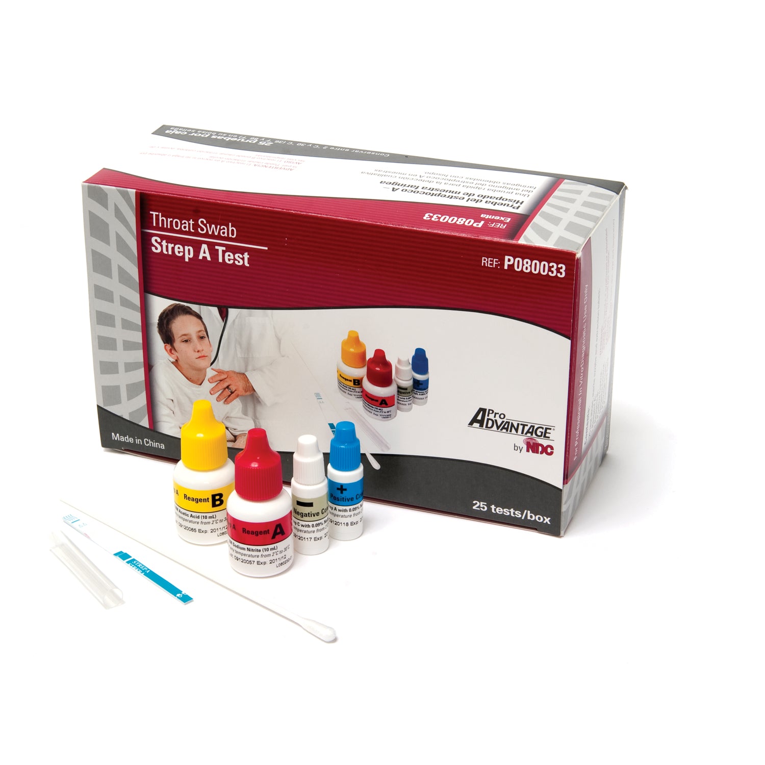 PRO ADVANTAGE® STREP A TEST Includes 25 Strep A Test Strips, 25 Swabs, 25 Extraction Tubes, 1-10mL Reagent A, 1-10mL Reagent B, 1-1mL Positive Control, 1-1mL Negative Control, Package Insert, Procedure Card, CLIA Waived, 25 tst/bx