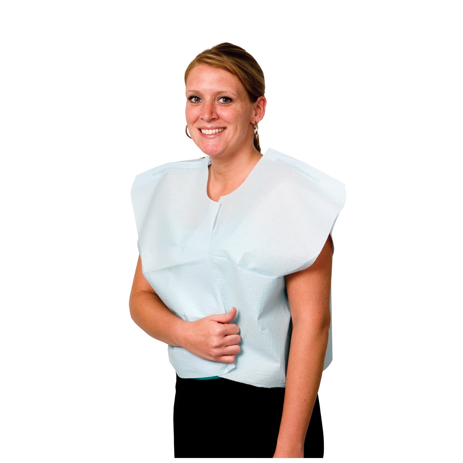 PRO ADVANTAGE® EXAM CAPE "Exam Cape, Tissue/ Poly/ Tissue, 30\" x 21\", Blue, Traditional Front/ Back Opening, 100/cs (110 cs/plt)"