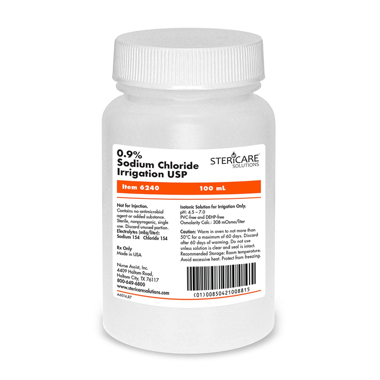 NURSE ASSIST STERICARE SALINE & WATER Irrigation Device & Suctioning Saline 0.9%, Sterile 100mL, Screw Top Bottle, 48/cs (Rx) (100 cs/plt)