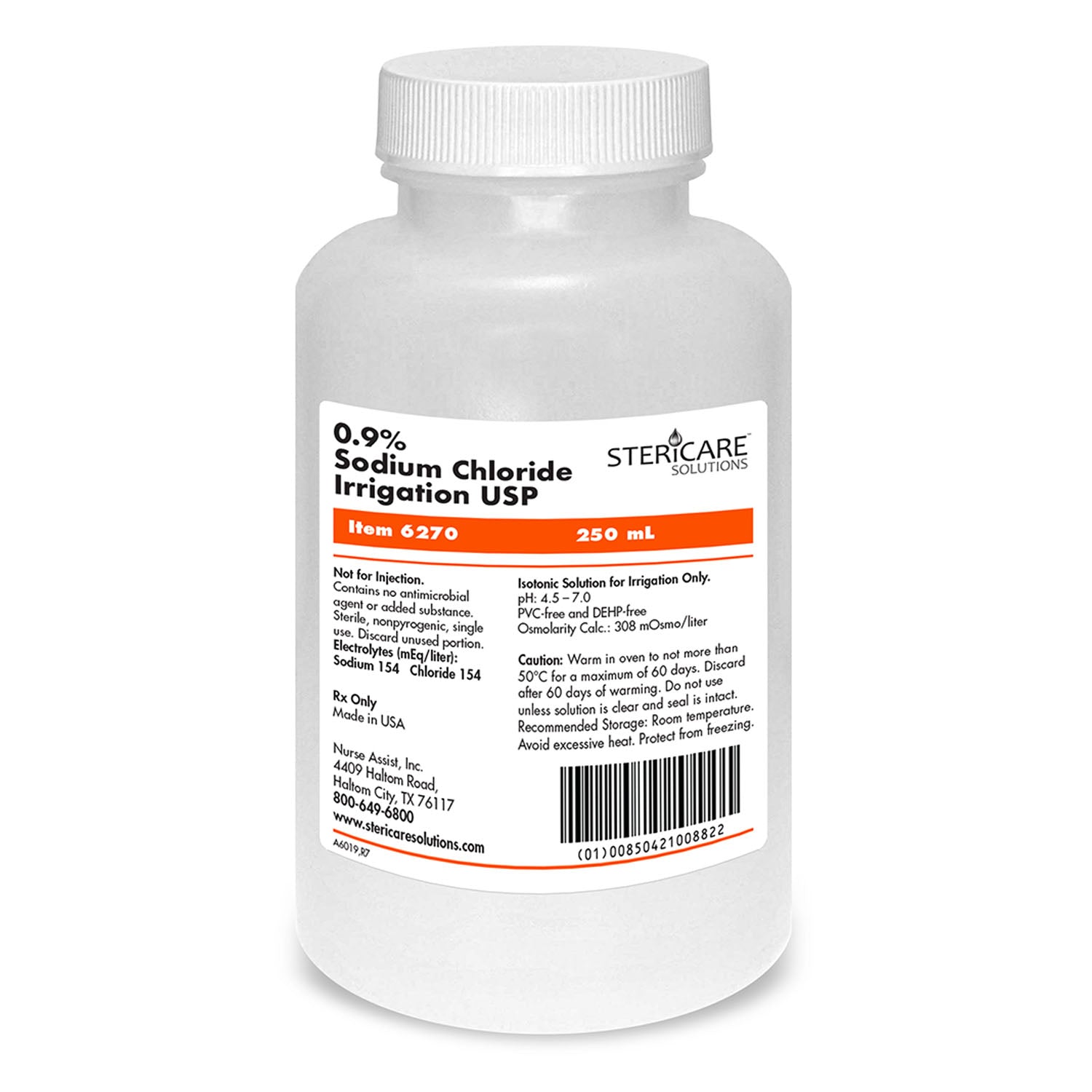 NURSE ASSIST STERICARE SALINE & WATER Irrigation Device & Suctioning Saline 0.9%, Sterile 250mL, Screw Top Bottle, 24/cs (Rx) (70 cs/plt)
