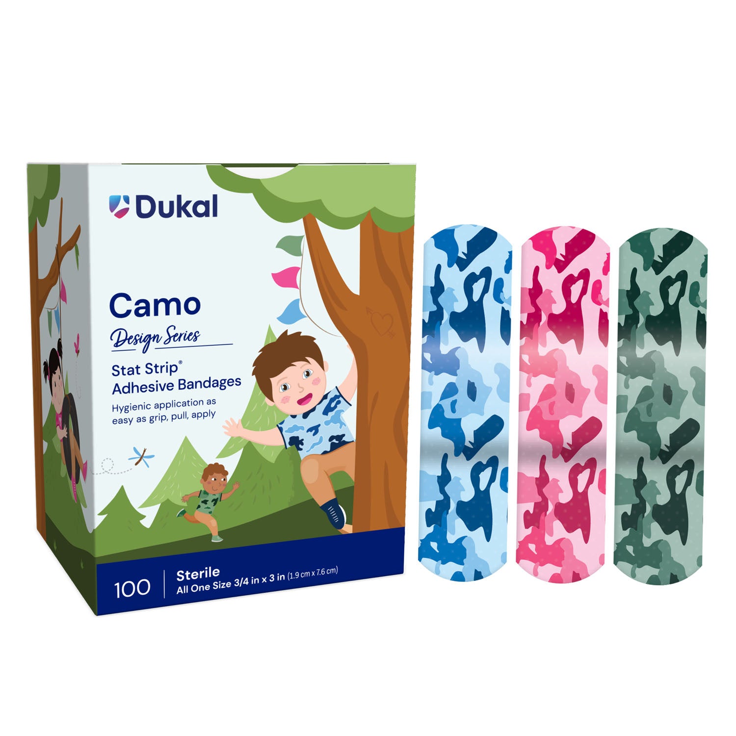 DUKAL CHILDREN‘S CHARACTER ADHESIVE BANDAGES Stat Strip® Adhesive Bandage, Blue and Pink Camo, 3/4" x 3", 100/bx, 12 bx/cs