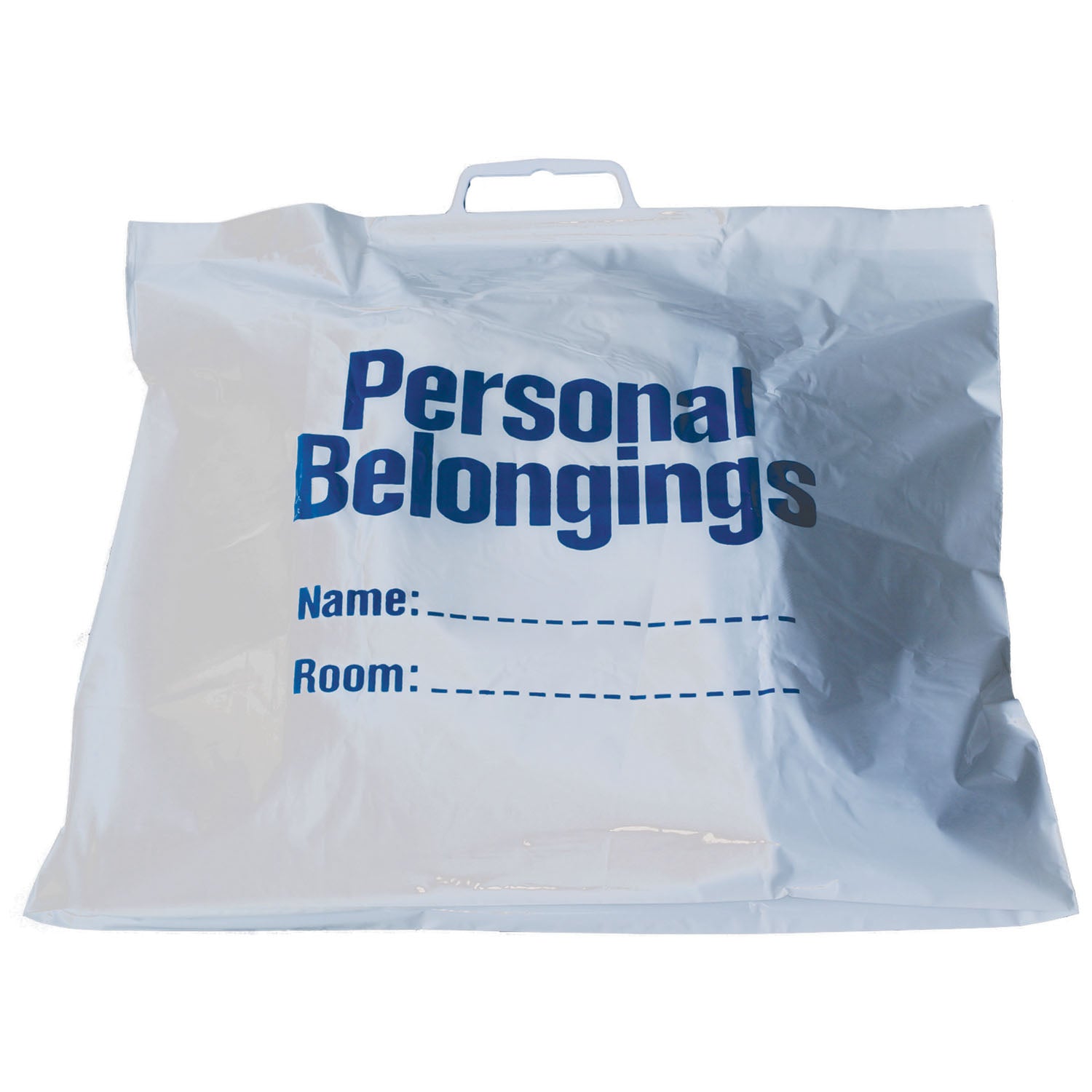 NEW WORLD IMPORTS PERSONAL BELONGINGS BAG "Belongings Bag with Handle, 181/2\" x 20\", White Bag with Blue Imprint, 250/cs"