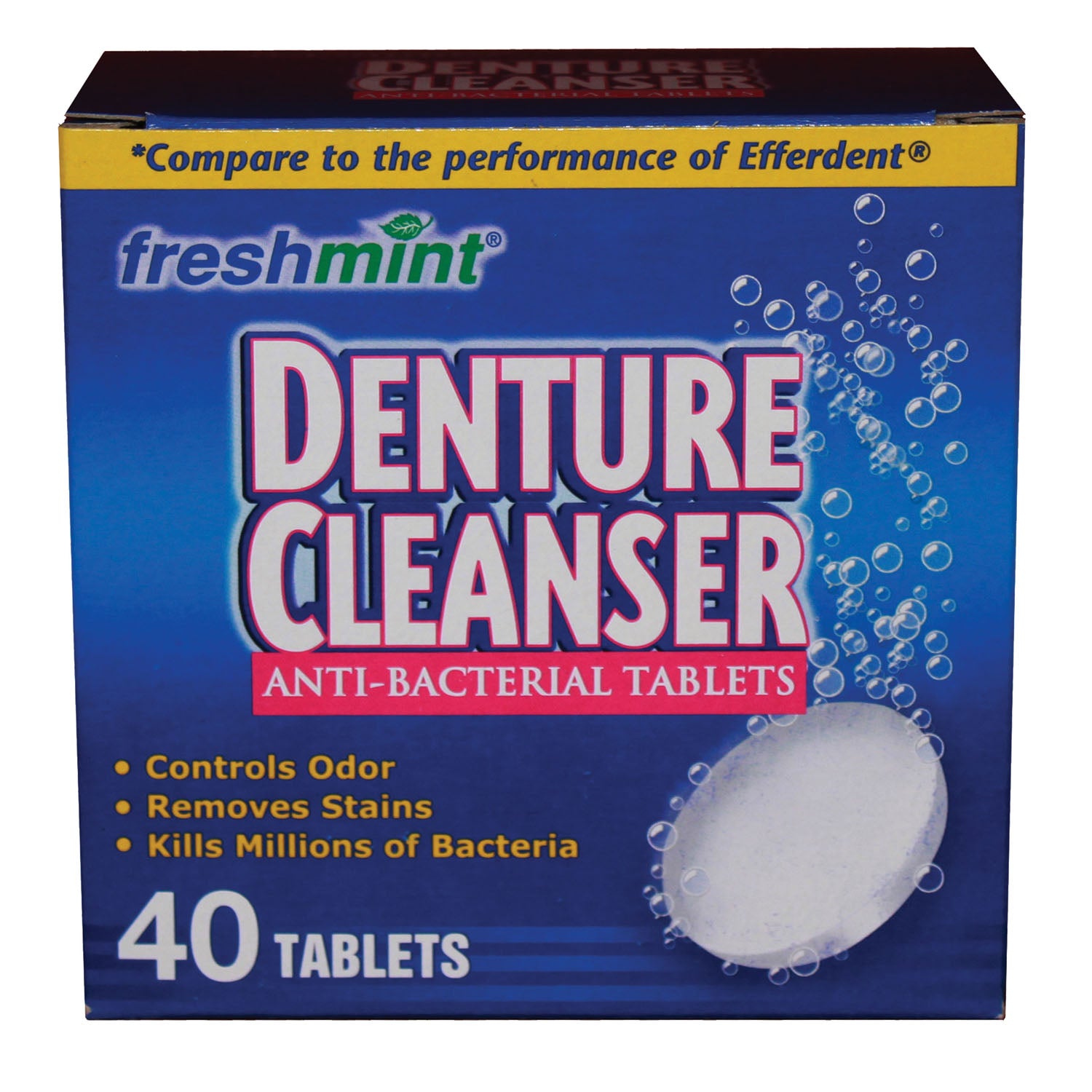 NEW WORLD IMPORTS FRESHMINT® DENTURE TABLETS Denture Cleanser Tablets, Blue, Compared to the Performance of Efferdent®, 40/bx, 24 bx/cs (75 cs/plt) (Made in USA)