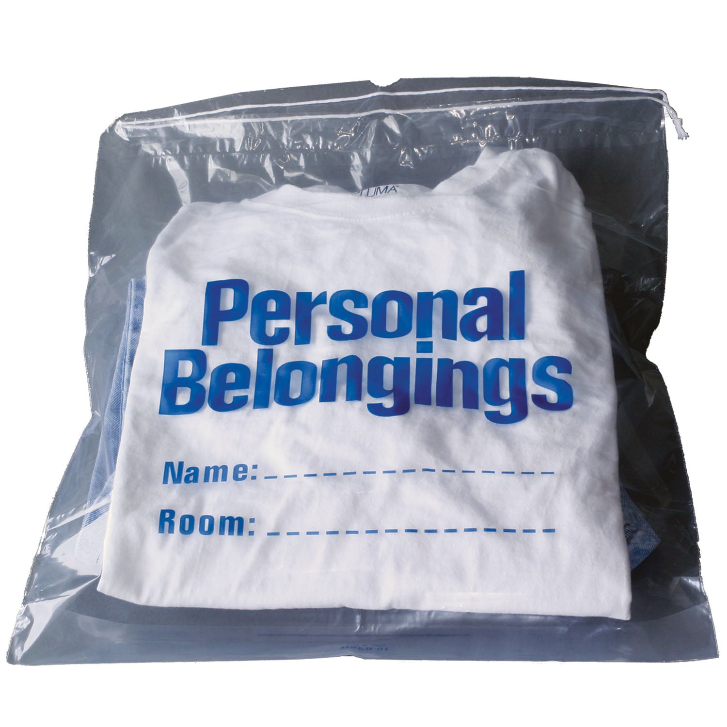 NEW WORLD IMPORTS PERSONAL BELONGINGS BAG Personal Belongings Drawstring Bag, 17" x 20", Clear Bag with Blue Imprinting, 250/cs