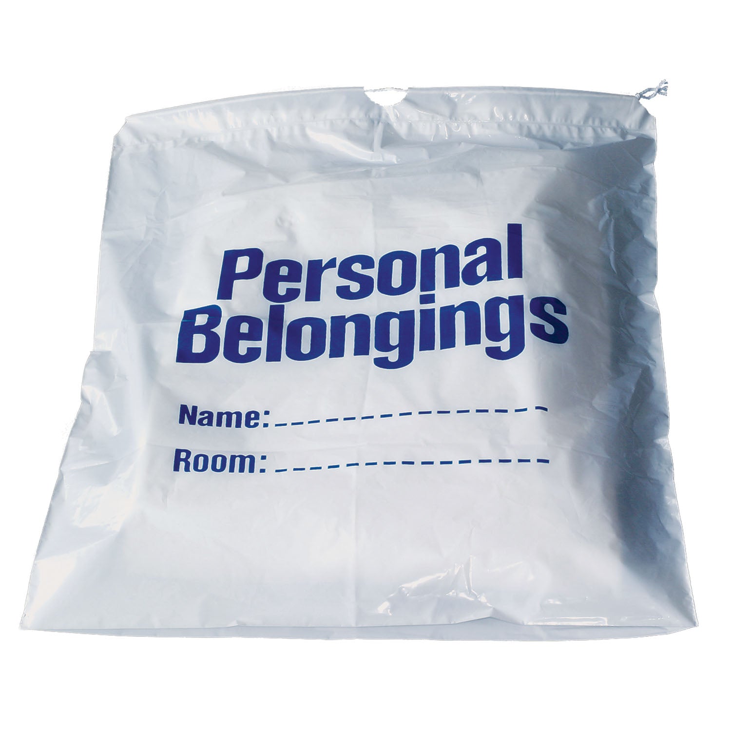 NEW WORLD IMPORTS PERSONAL BELONGINGS BAG "Personal Belongings Drawstring Bag, 17\" x 20\", White Bag with Blue Imprinting, 250/cs"