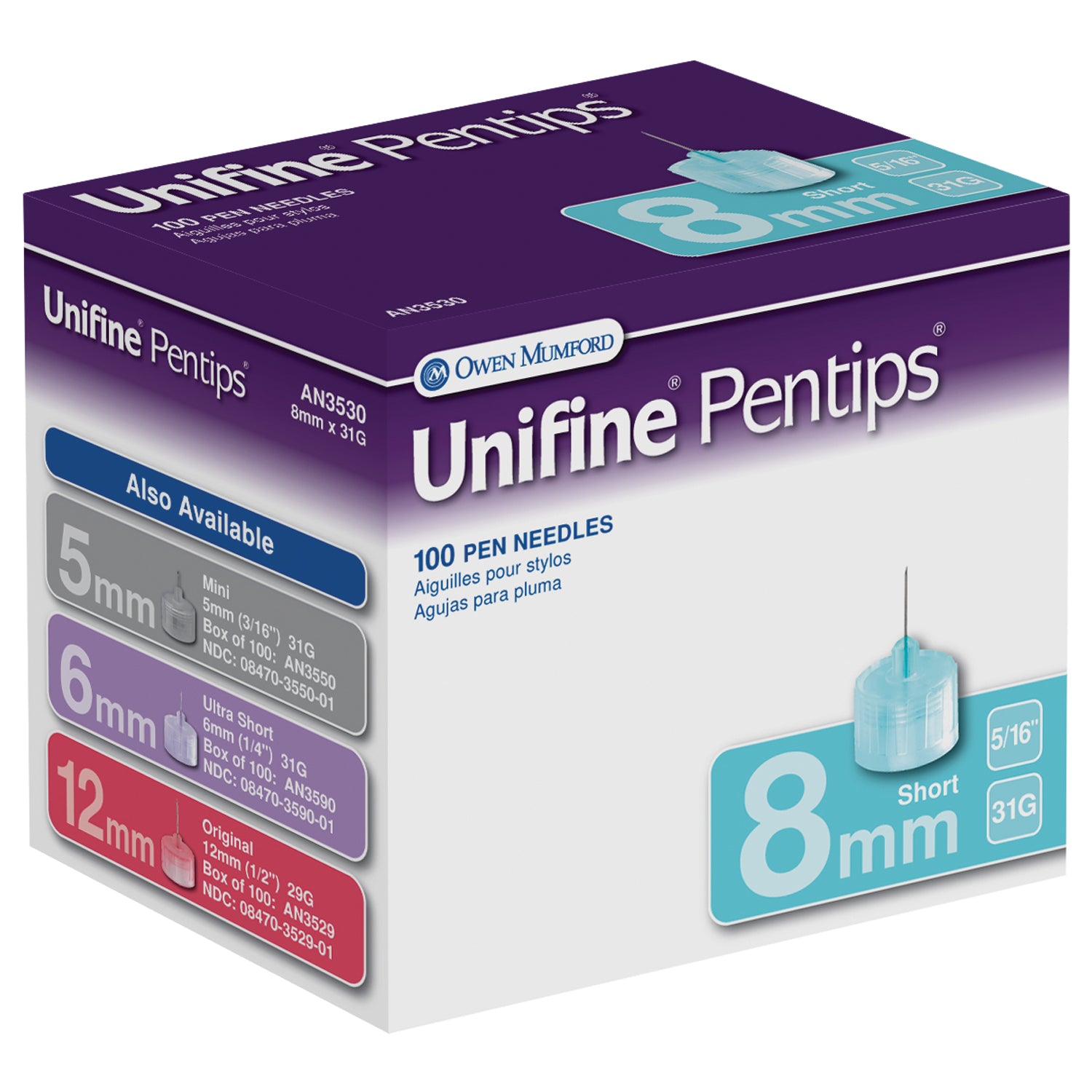 OWEN MUMFORD UNIFINE® PENTIPS Short Pen Needle, 8mm, 31G, 100/bx
