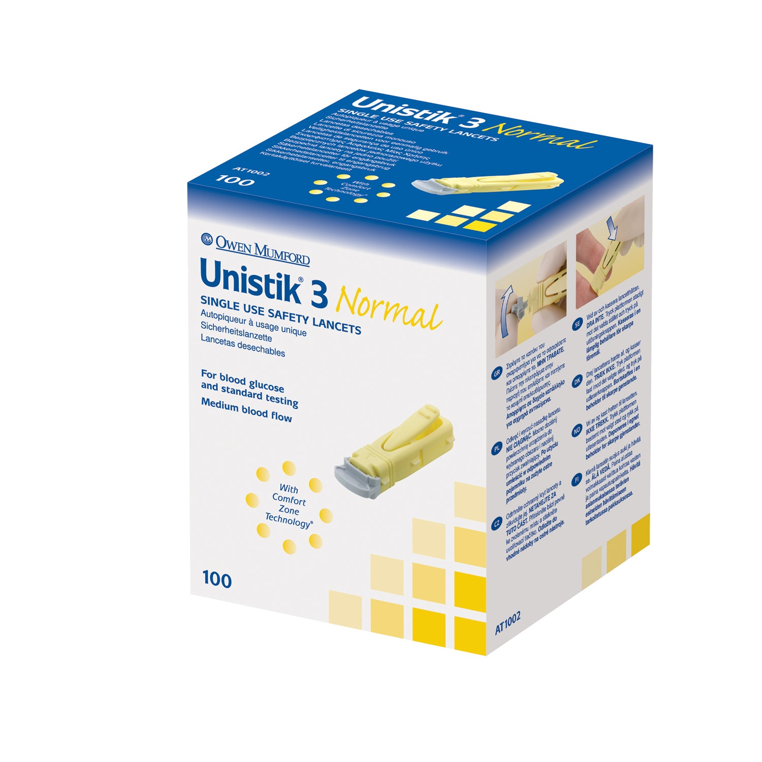 OWEN MUMFORD UNISTIK® 3 PRE-SET SINGLE USE SAFETY S Lancet, Normal, 23G, 1.8mm Penetration Depth, Yellow, 100/bx