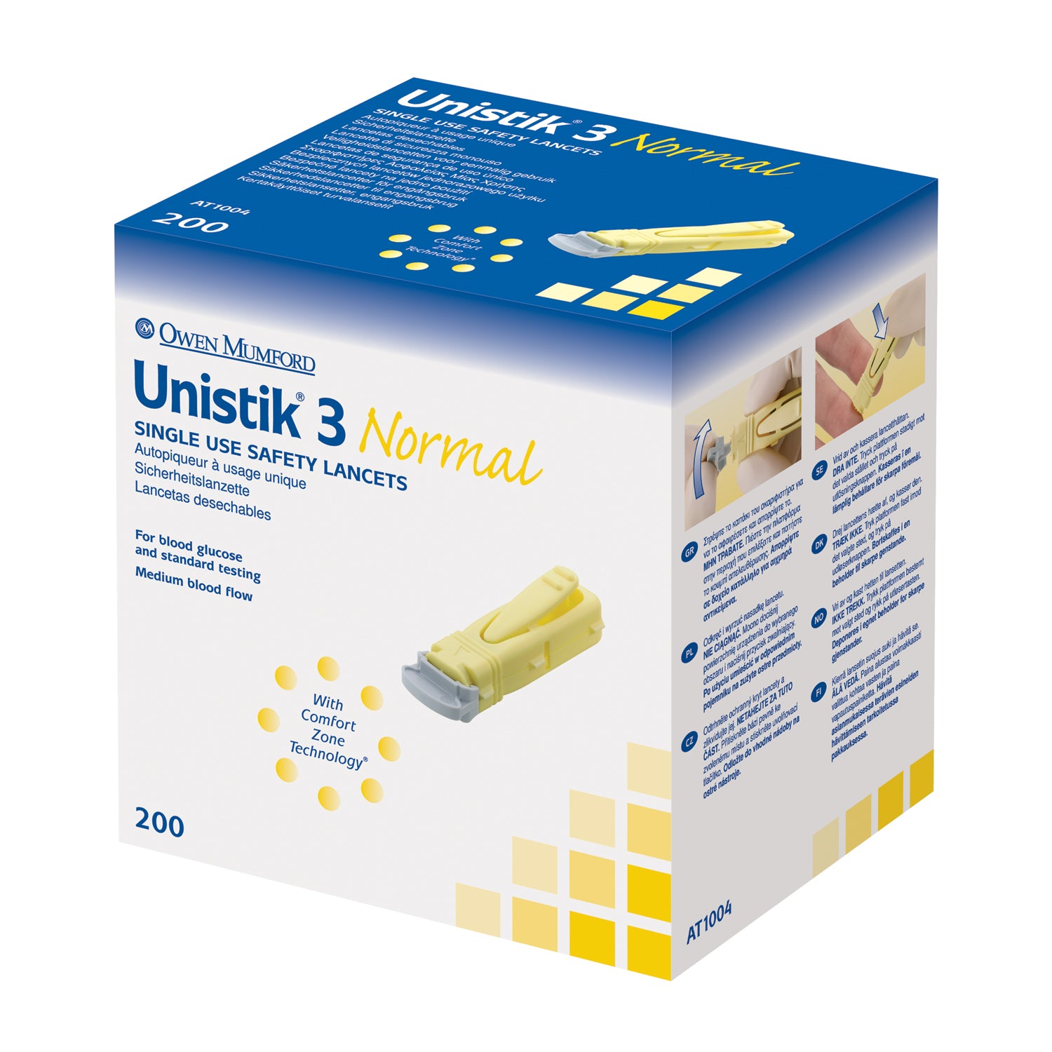 OWEN MUMFORD UNISTIK® 3 PRE-SET SINGLE USE SAFETY S Lancet, Normal, 23G, 1.8mm Penetration Depth, Yellow, 200/bx