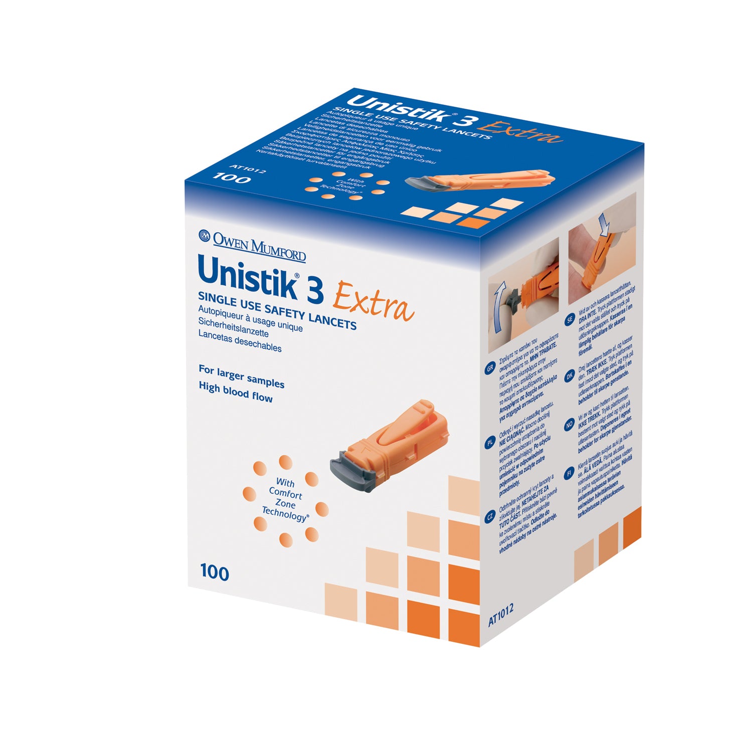 OWEN MUMFORD UNISTIK® 3 PRE-SET SINGLE USE SAFETY S Lancet, Extra, 21G, 2.0mm Penetration Depth, Orange, 100/bx
