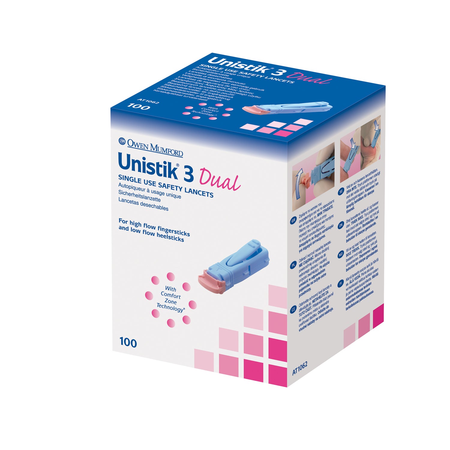 OWEN MUMFORD UNISTIK® 3 PRE-SET SINGLE USE SAFETY S Lancet, Dual, 18G, 1.8mm Penetration Depth, Blue, 100/bx