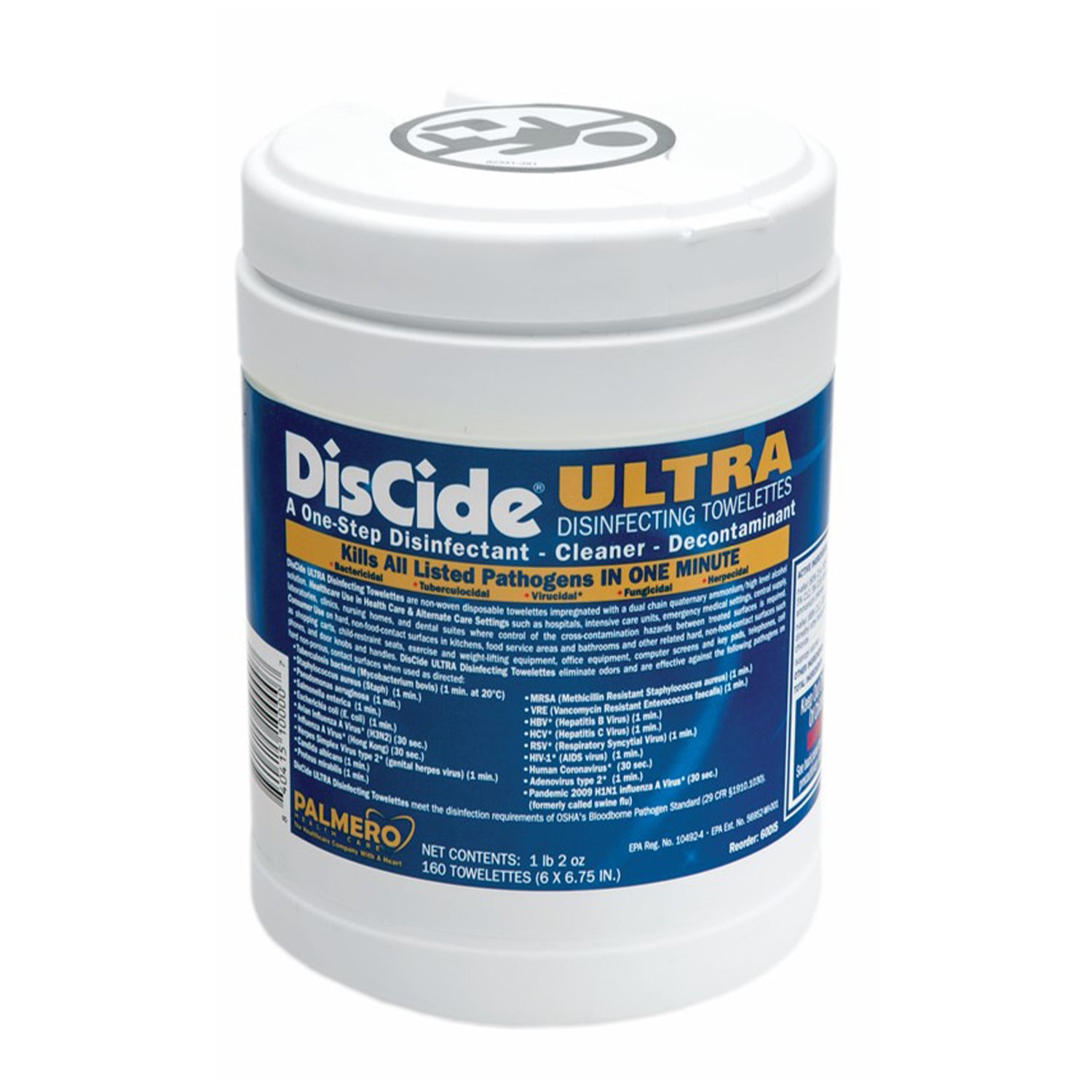 PALMERO DISCIDE® ULTRA SURFACE DISINFECTANT DisCide Ultra Towelettes, 6” x 6-3/4”, 160ct/can, 12can/cs (HAZMAT Fees Apply, cannot ship via Air or to AK, GU, HI, MP, PR, VI)