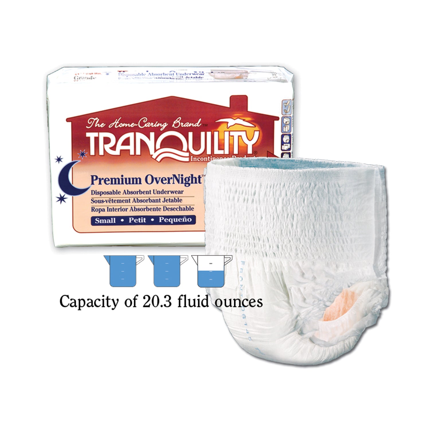 PRINCIPLE BUSINESS TRANQUILITY® PREMIUM OVERNIGHT™ DISPOSABLE ABSORBENT UNDERWEAR "Underwear, Small Overnight DAU, 22\"-36\", 80-125 lbs, Capacity 20.3 fl oz, 20/pk, 4 pk/cs "