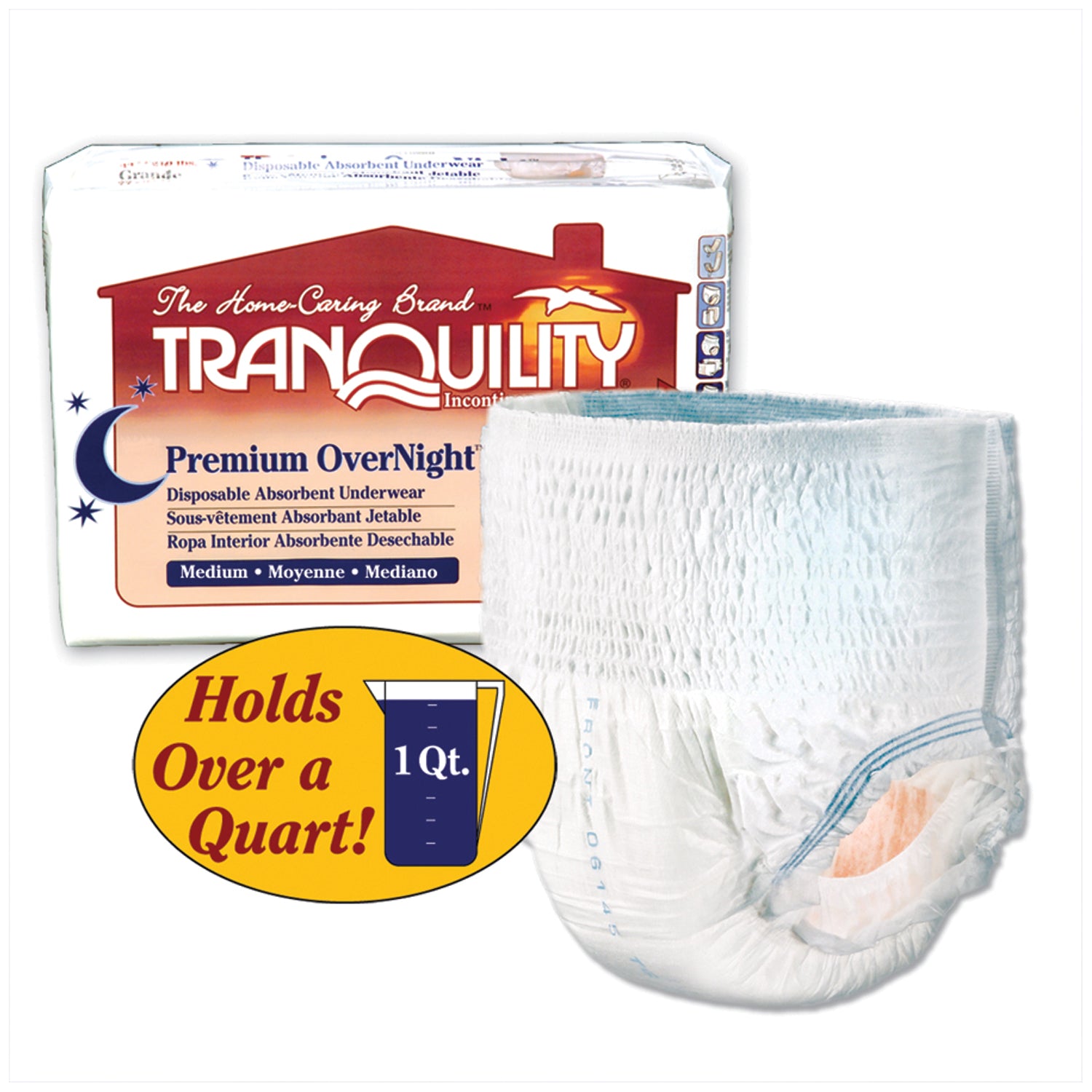 PRINCIPLE BUSINESS TRANQUILITY® PREMIUM OVERNIGHT™ DISPOSABLE ABSORBENT UNDERWEAR Underwear, Medium Overnight DAU, 34"-48", 120-175 lbs, Capacity 34.0 fl oz, 18/pk, 4 pk/cs